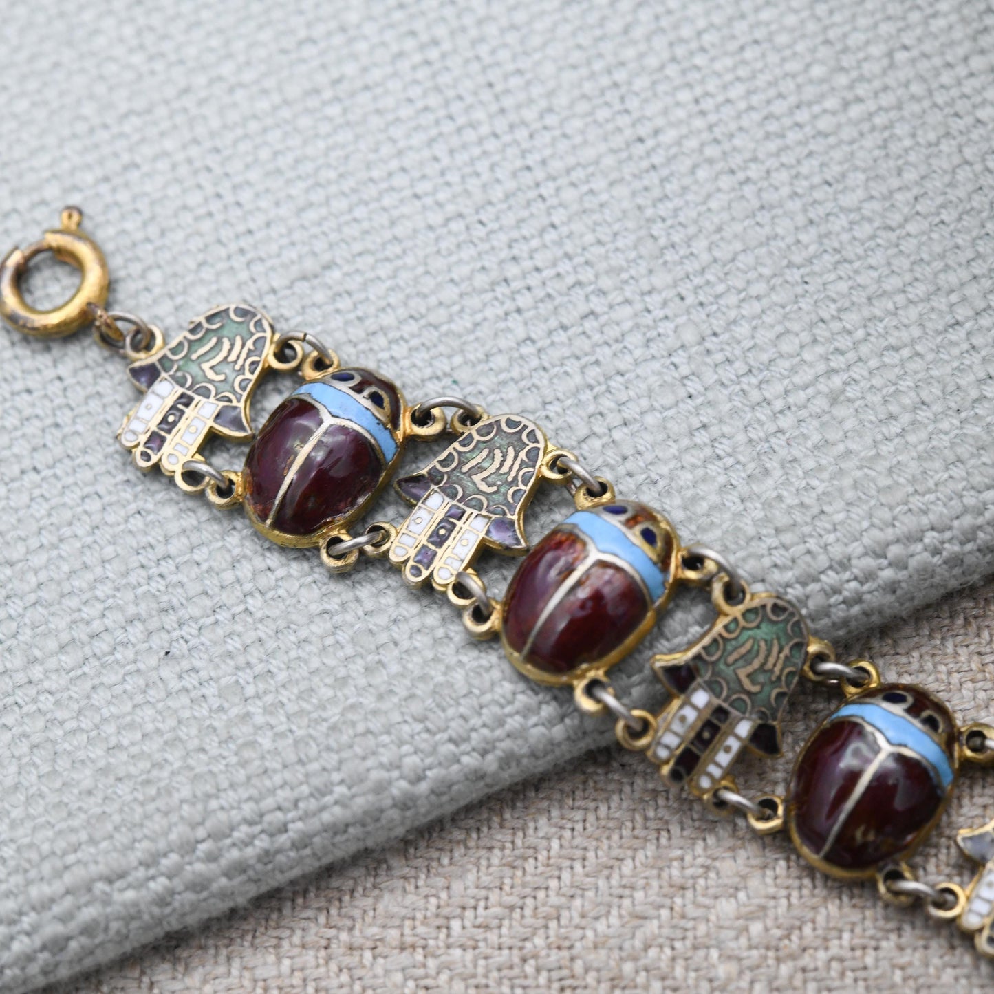 Vintage Egyptian Silver Enamel Scarab Beetle and Hamsa Panel Link Bracelet - Hand of Fatima Symbol | c. 1930s Art Deco Egyptian Revival