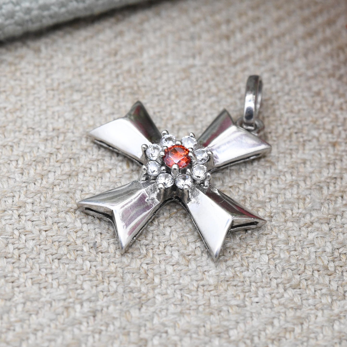 Vintage Maltese Cross Silver Pendant with Red and Clear Stone Halo - Arrowhead Cross Gift for Baptism Christening | Charm Necklace Stack