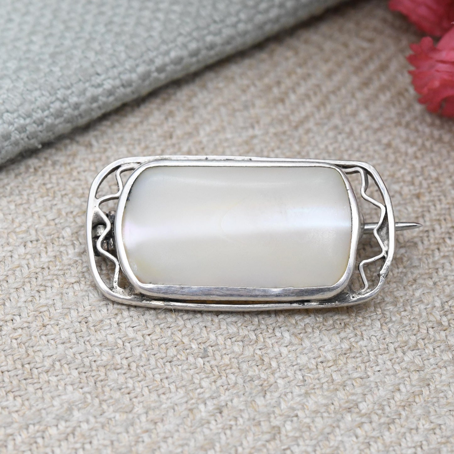 Antique Arts and Crafts Brooch Sterling Silver Mother of Pearl Brooch with Pretty Open Design - c. 1910 Edwardian Era | Cabochon White Stone