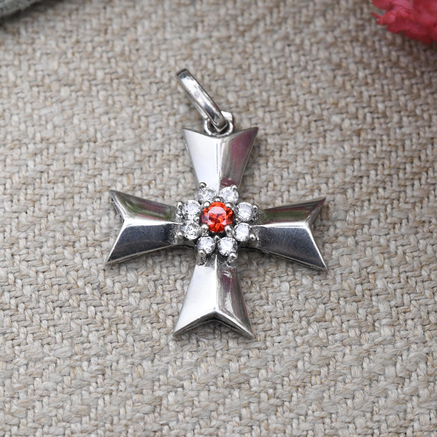 Vintage Maltese Cross Silver Pendant with Red and Clear Stone Halo - Arrowhead Cross Gift for Baptism Christening | Charm Necklace Stack