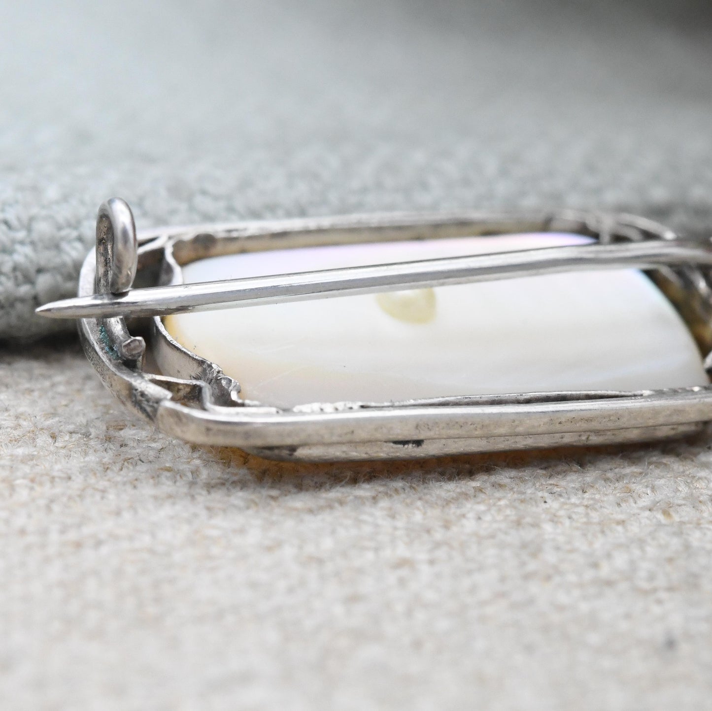 Antique Arts and Crafts Brooch Sterling Silver Mother of Pearl Brooch with Pretty Open Design - c. 1910 Edwardian Era | Cabochon White Stone