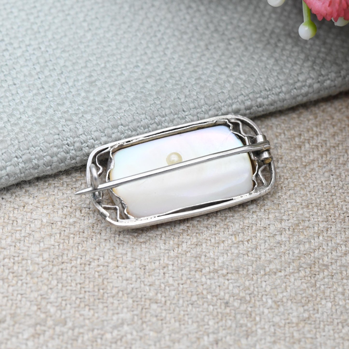 Antique Arts and Crafts Brooch Sterling Silver Mother of Pearl Brooch with Pretty Open Design - c. 1910 Edwardian Era | Cabochon White Stone