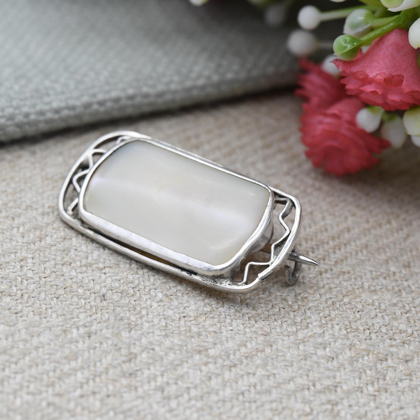 Antique Arts and Crafts Brooch Sterling Silver Mother of Pearl Brooch with Pretty Open Design - c. 1910 Edwardian Era | Cabochon White Stone
