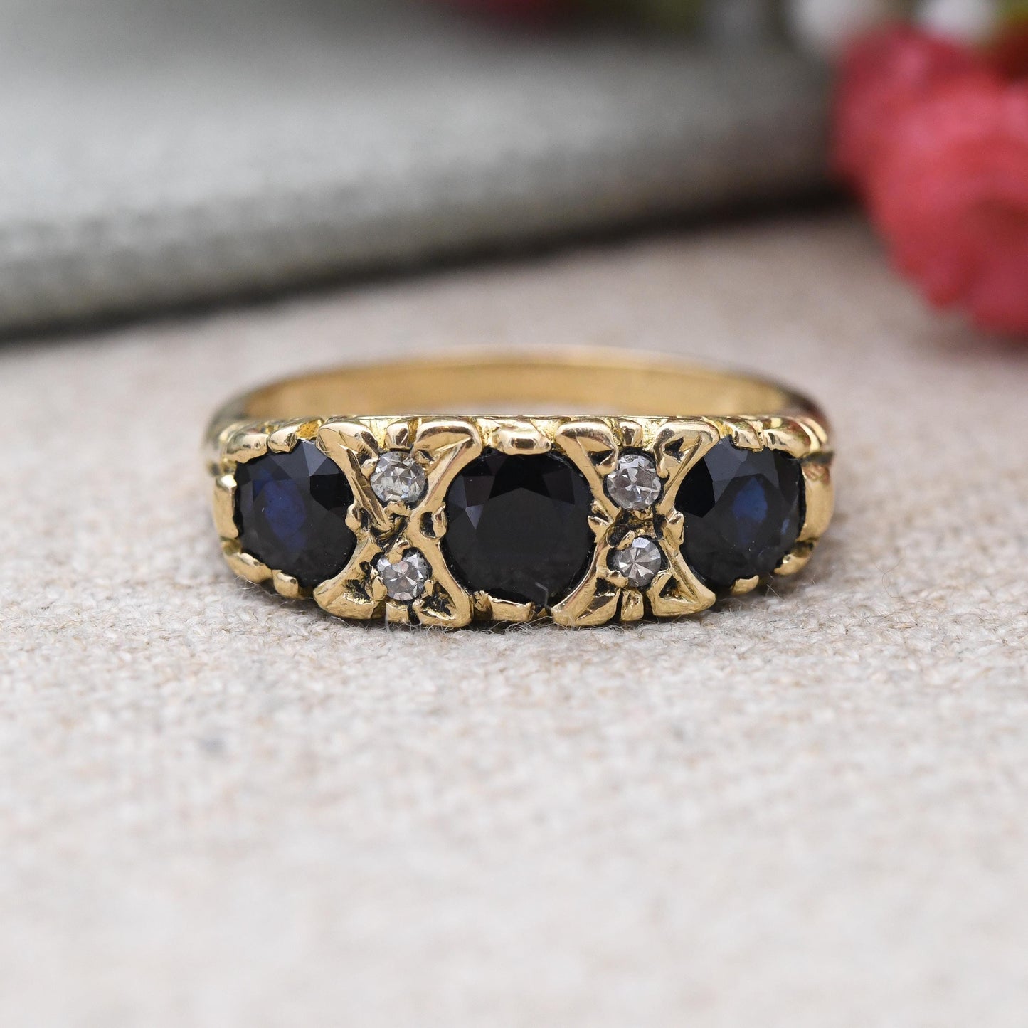 Vintage 18ct Gold Ring Flush Three Stone Sapphire and Diamond Ring 1976 - Stacker Anniversary Jewellery Gift | UK Size N 1/2 | US Size 7