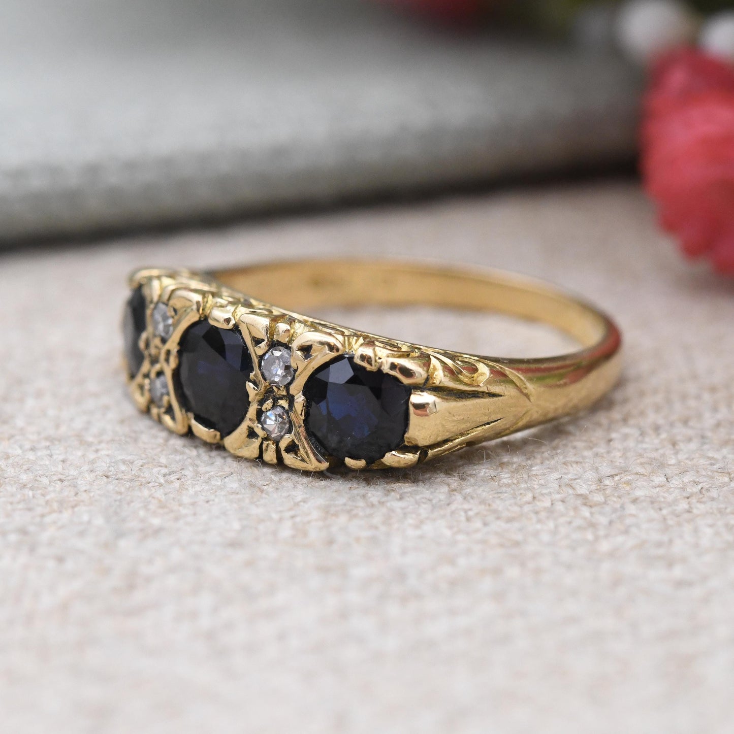 Vintage 18ct Gold Ring Flush Three Stone Sapphire and Diamond Ring 1976 - Stacker Anniversary Jewellery Gift | UK Size N 1/2 | US Size 7