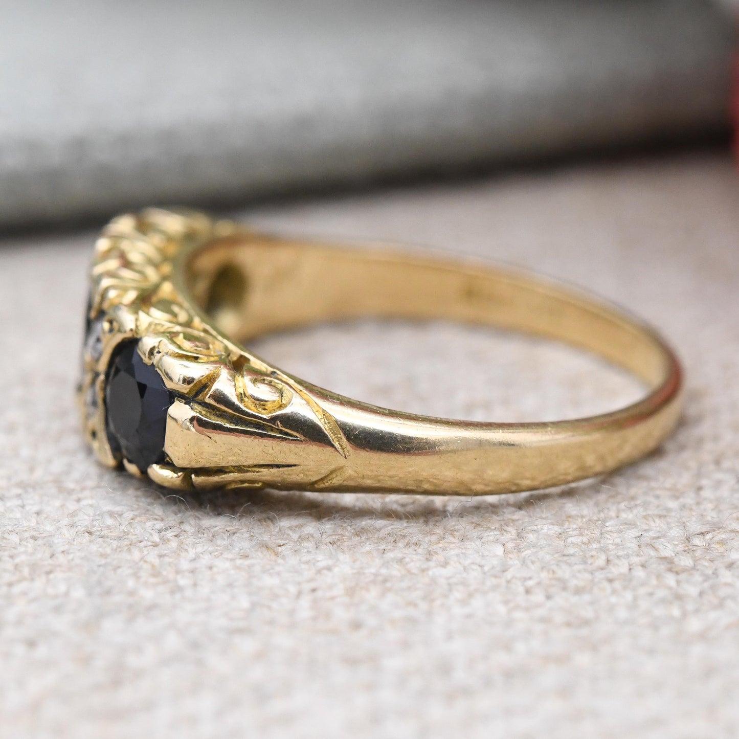 Vintage 18ct Gold Ring Flush Three Stone Sapphire and Diamond Ring 1976 - Stacker Anniversary Jewellery Gift | UK Size N 1/2 | US Size 7