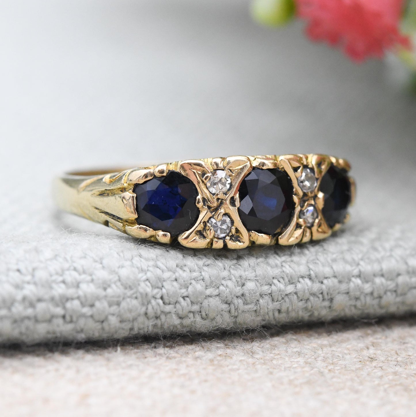 Vintage 18ct Gold Ring Flush Three Stone Sapphire and Diamond Ring 1976 - Stacker Anniversary Jewellery Gift | UK Size N 1/2 | US Size 7
