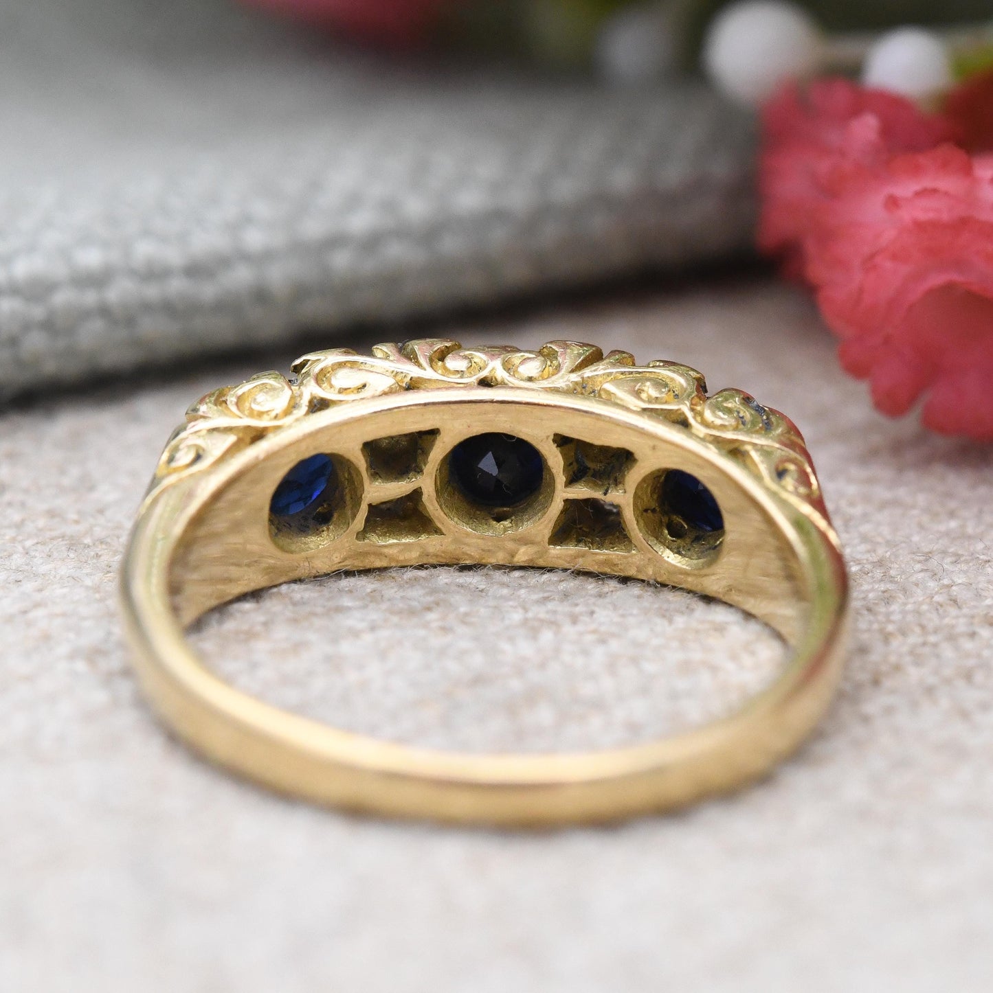 Vintage 18ct Gold Ring Flush Three Stone Sapphire and Diamond Ring 1976 - Stacker Anniversary Jewellery Gift | UK Size N 1/2 | US Size 7