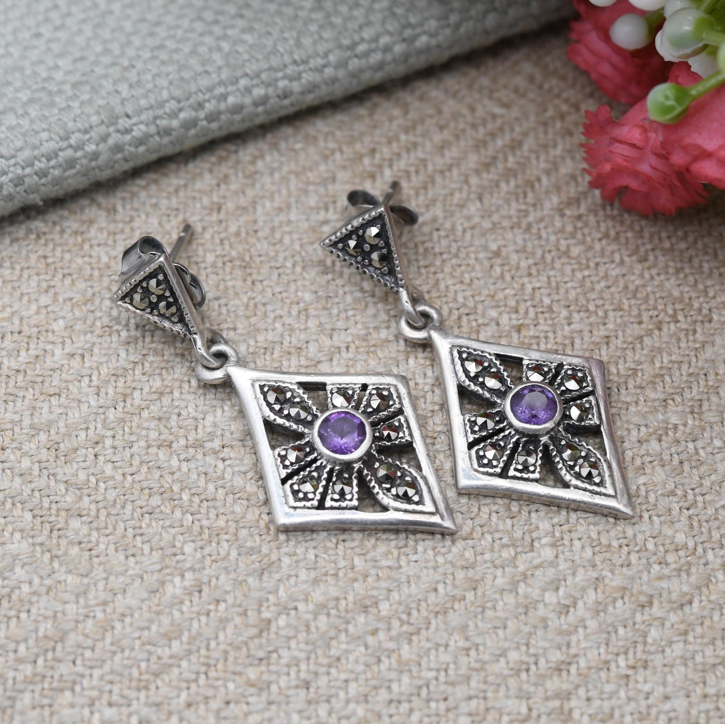 Vintage Sterling Silver Amethyst & Marcasite Drop Earrings - Diamond Shape Dangle Pendant | Pretty Openwork Design Silver Jewellery Gift