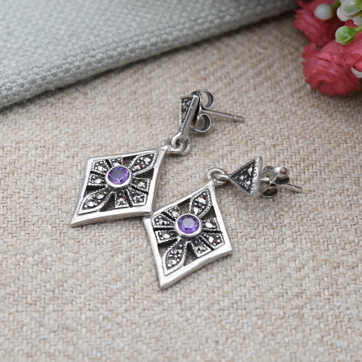 Vintage Sterling Silver Amethyst & Marcasite Drop Earrings - Diamond Shape Dangle Pendant | Pretty Openwork Design Silver Jewellery Gift