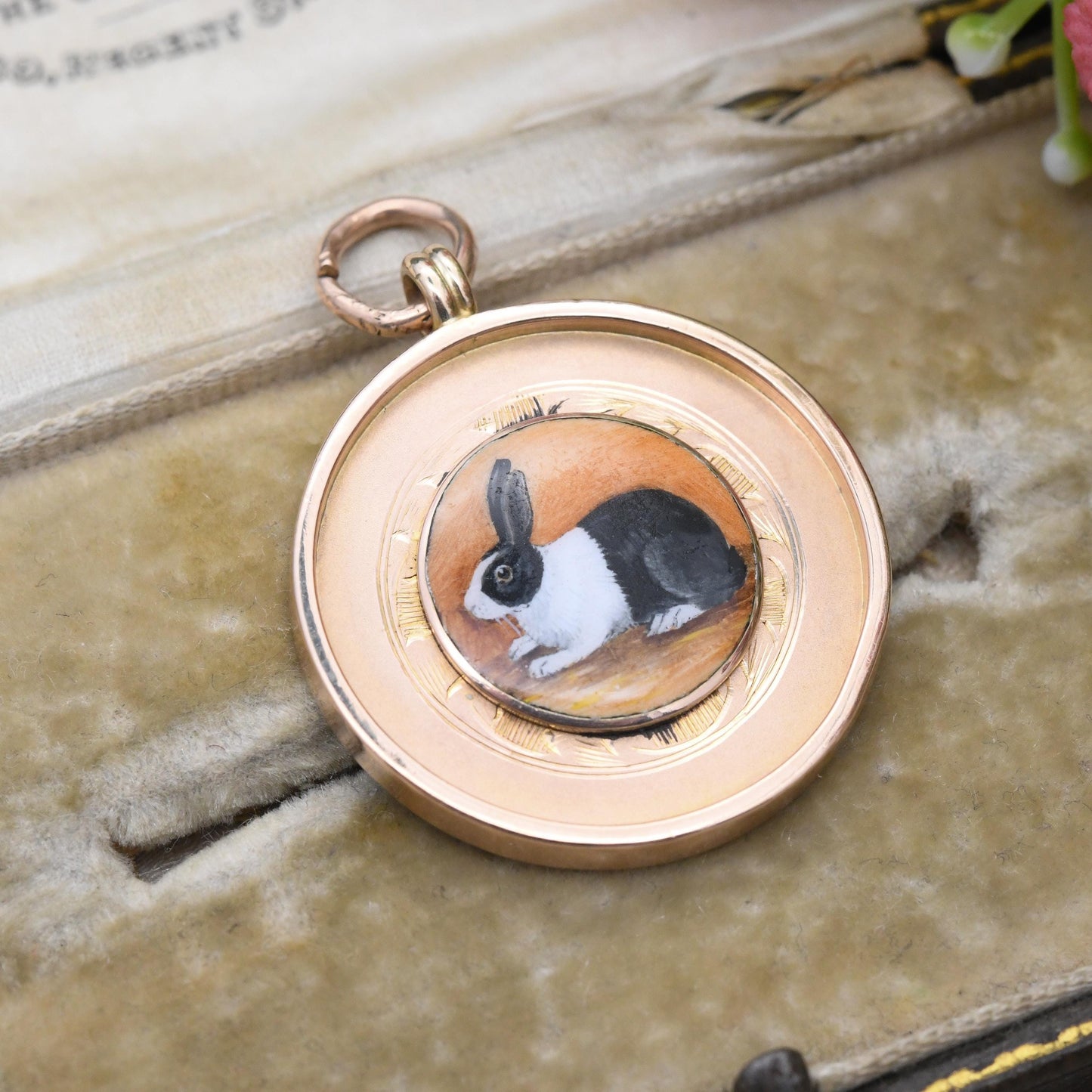 Vintage 9ct Gold Dutch Rabbit Club Pendant 1934 by Fattorini & Sons - Enamel Black and White Bunny Rose Gold Medallion Watch Fob Engraved