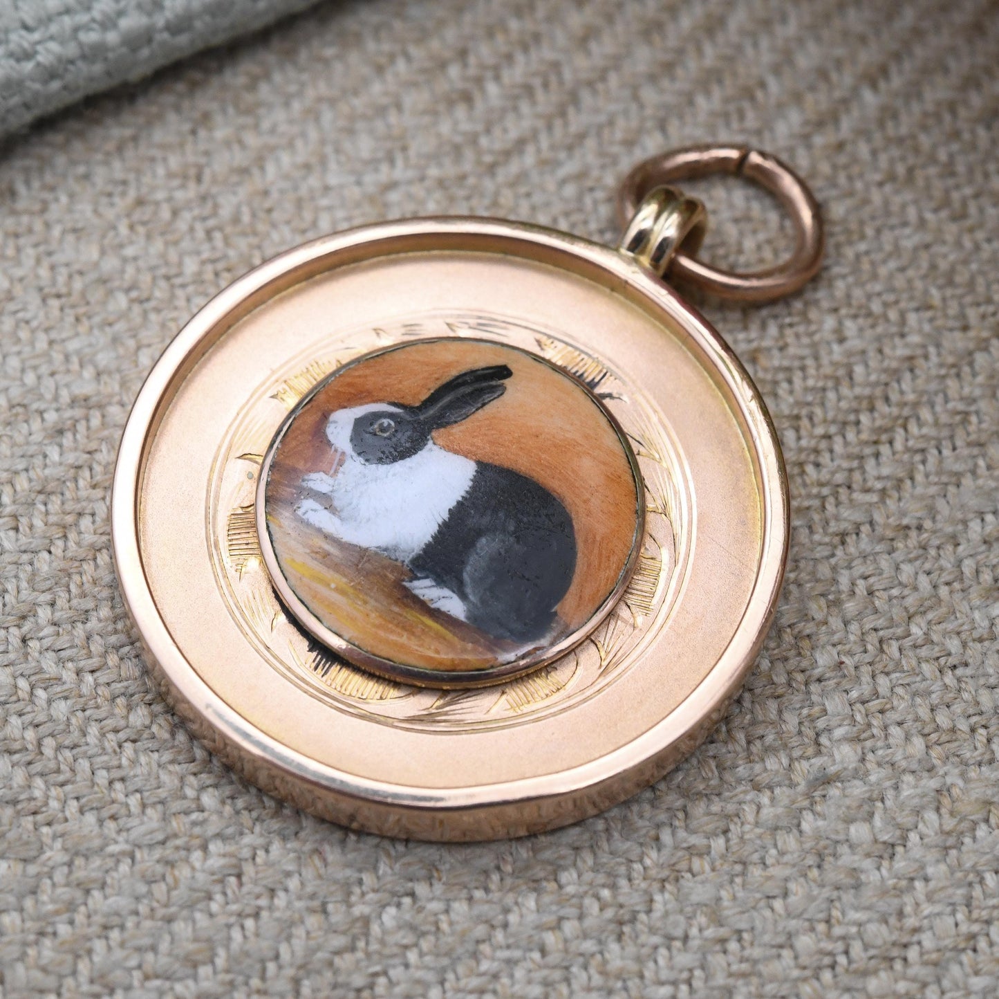 Vintage 9ct Gold Dutch Rabbit Club Pendant 1934 by Fattorini & Sons - Enamel Black and White Bunny Rose Gold Medallion Watch Fob Engraved