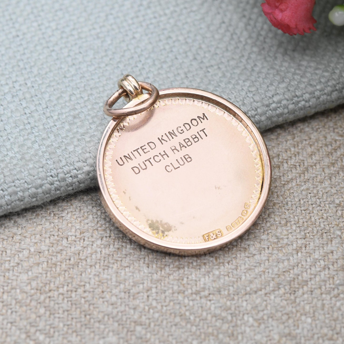 Vintage 9ct Gold Dutch Rabbit Club Pendant 1934 by Fattorini & Sons - Enamel Black and White Bunny Rose Gold Medallion Watch Fob Engraved