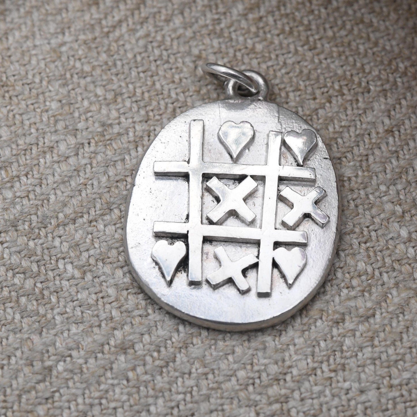 Vintage Sterling Silver Pendant Hearts and Crosses Design - Tic Tac Toe Noughts and Crosses | Studio Chunky Silver Love Heart Jewellery