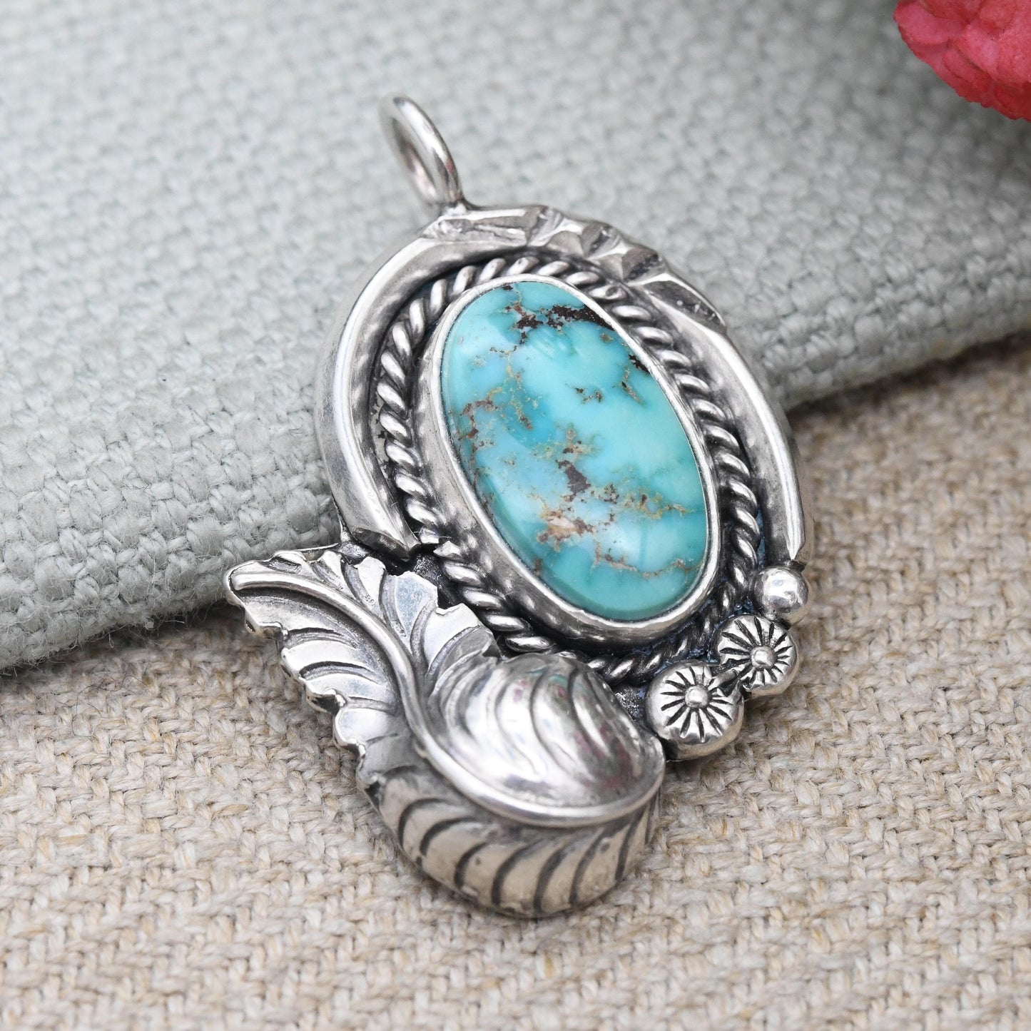 Vintage Southwestern Sterling Silver Turquoise Pendant - Cabochon Large Blue Stone with Floral Leaf Feather Border American Silver Jewellery