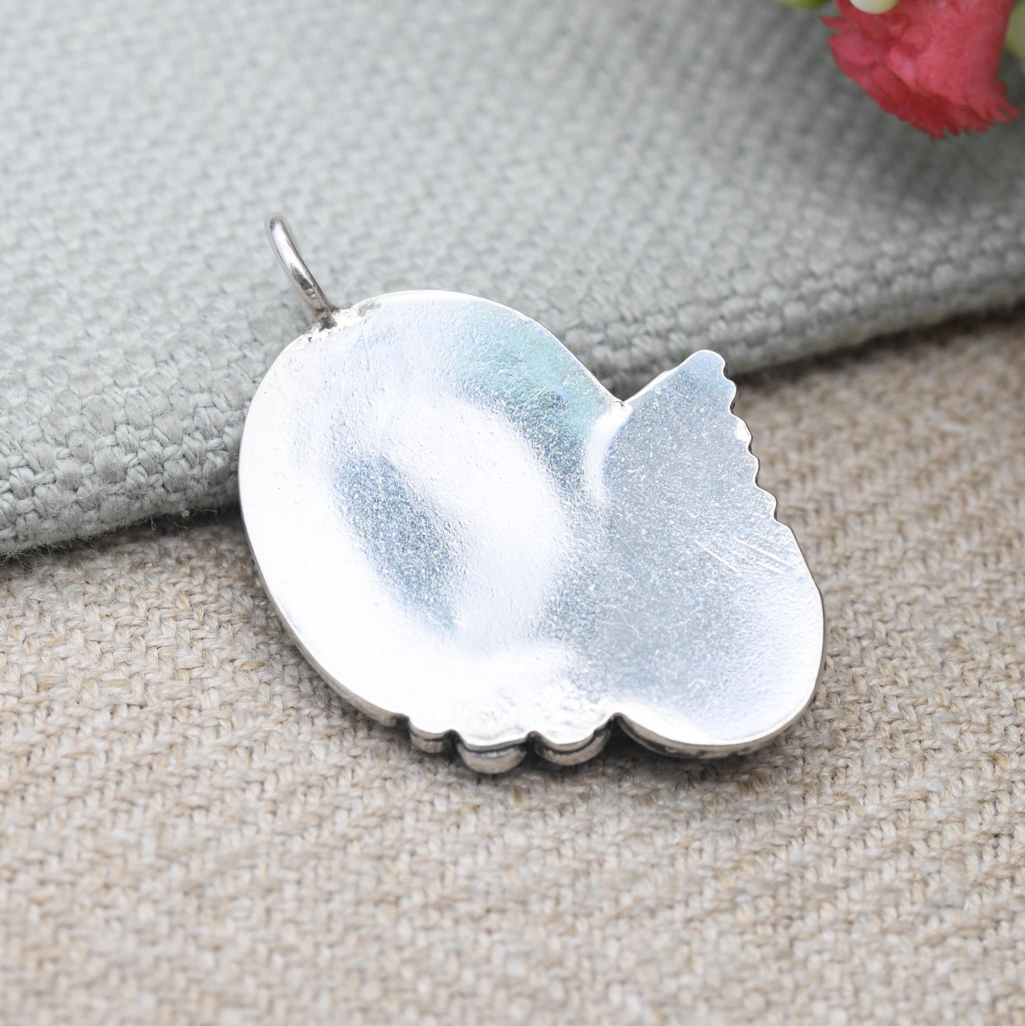 Vintage Southwestern Sterling Silver Turquoise Pendant - Cabochon Large Blue Stone with Floral Leaf Feather Border American Silver Jewellery
