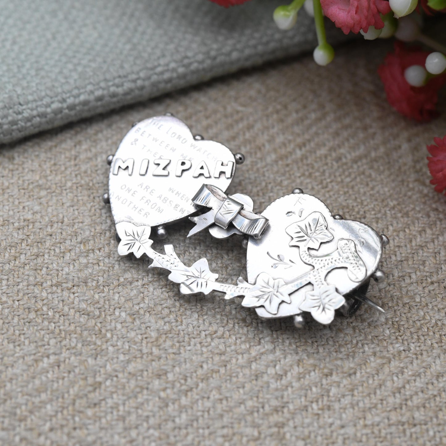 Antique Mizpah Brooch Victorian Sterling Silver 1900 - Silver Sweetheart Jewellery | Two Hearts Entwined with Ivy | Symbolic Sentimental Pin