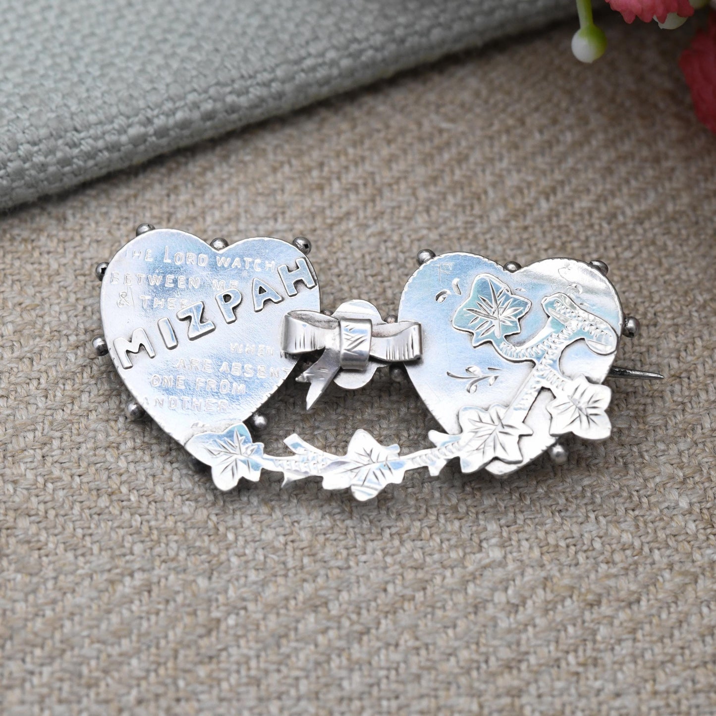 Antique Mizpah Brooch Victorian Sterling Silver 1900 - Silver Sweetheart Jewellery | Two Hearts Entwined with Ivy | Symbolic Sentimental Pin