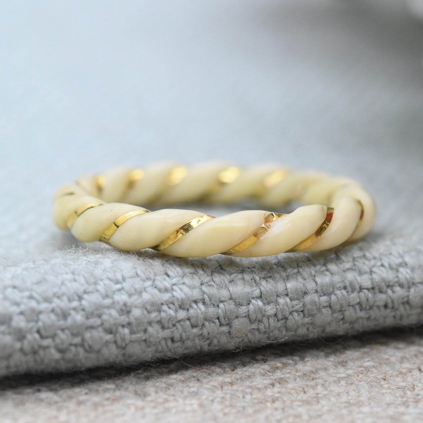 Vintage 14ct Gold Bone Ring Carved Spiral Band - Gold Inlay Wrapped Animal Bone Jewellery | Thin Band Ring | UK Size - L | US Size - 5 3/4