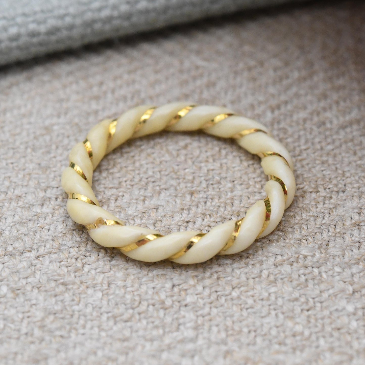 Vintage 14ct Gold Bone Ring Carved Spiral Band - Gold Inlay Wrapped Animal Bone Jewellery | Thin Band Ring | UK Size - L | US Size - 5 3/4
