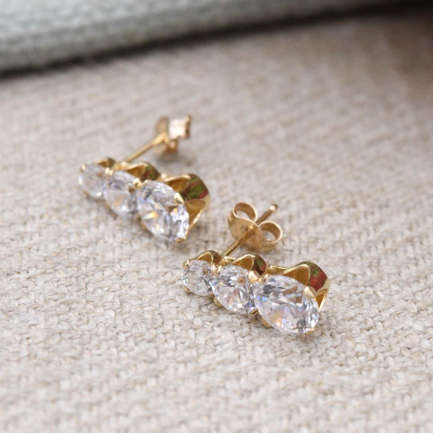 Vintage 14ct Gold CZ Stud Earrings Three Stone Graduated - Sparkly Clear Yellow Gold Birthday Gift Statement Stud Earrings | Butterfly Back