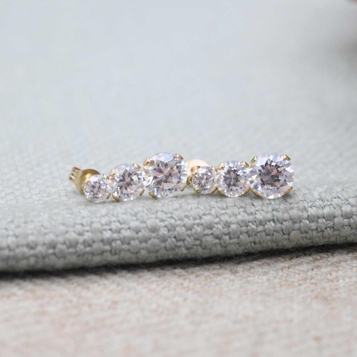 Vintage 14ct Gold CZ Stud Earrings Three Stone Graduated - Sparkly Clear Yellow Gold Birthday Gift Statement Stud Earrings | Butterfly Back