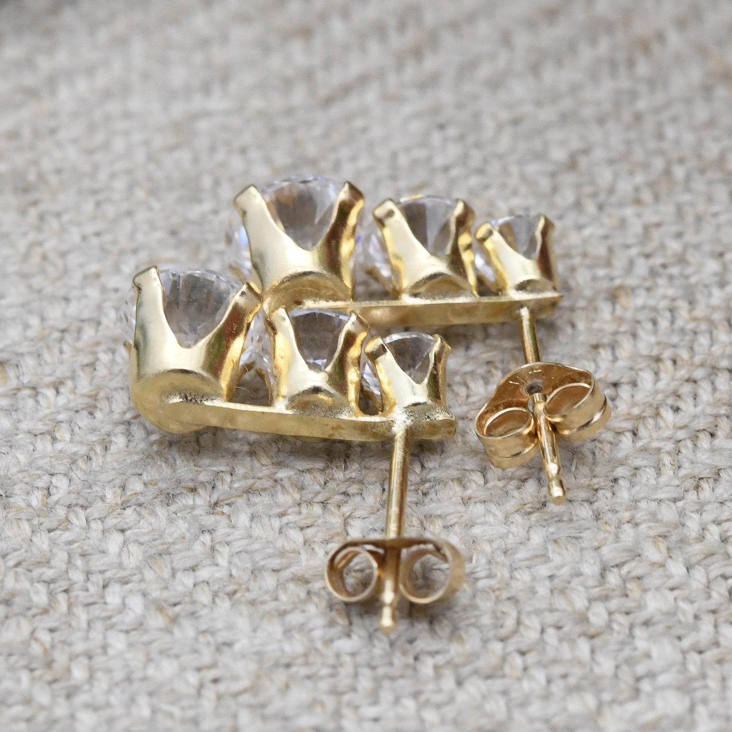 Vintage 14ct Gold CZ Stud Earrings Three Stone Graduated - Sparkly Clear Yellow Gold Birthday Gift Statement Stud Earrings | Butterfly Back
