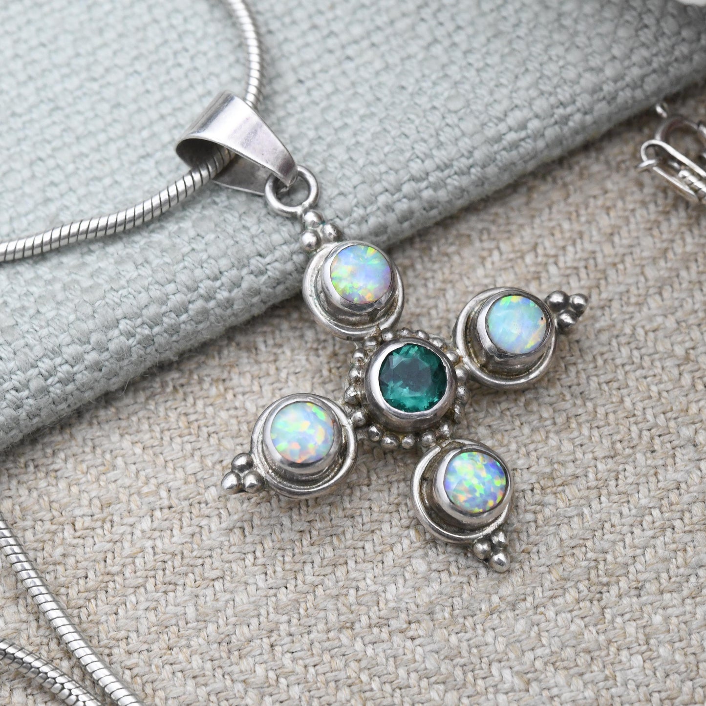 Vintage Sterling Silver Opal Pendant Necklace Square Cross with Green Stone - Quatrefoil Shape Chunky Blue and Green Pendant Jewellery Gift