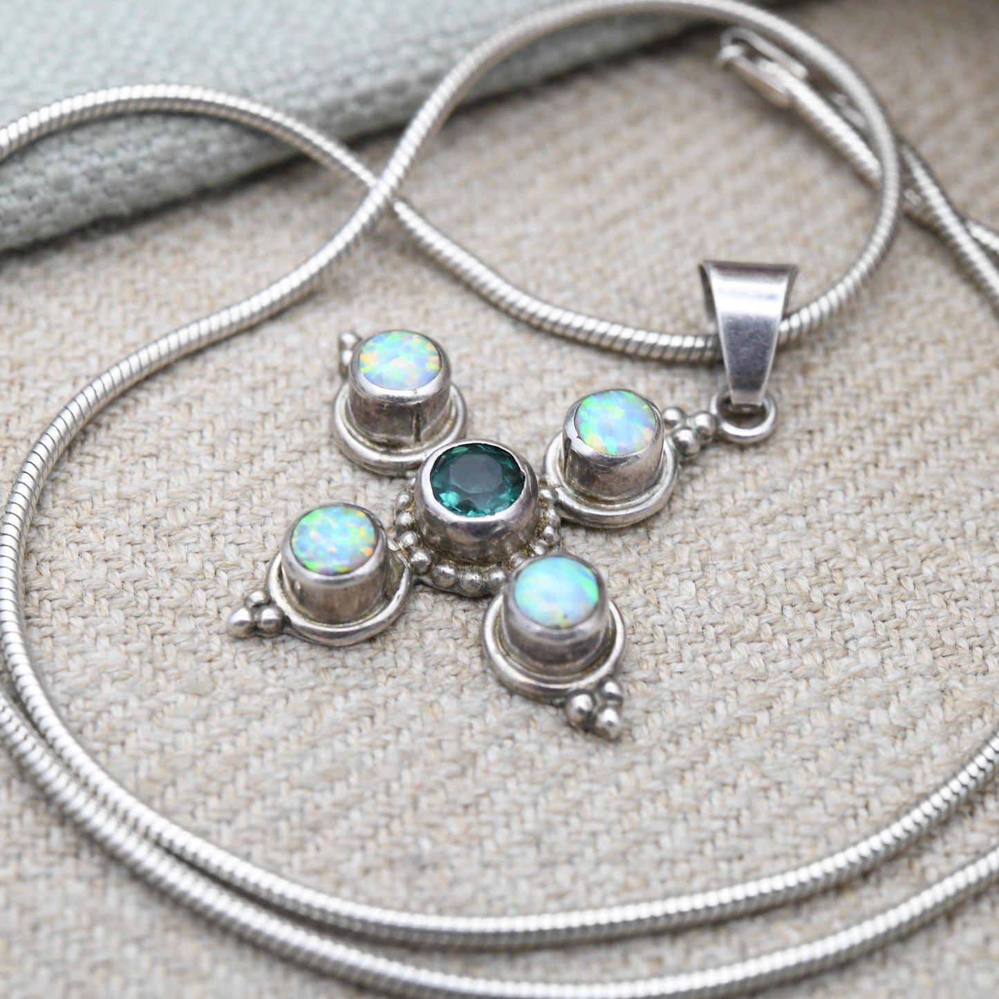 Vintage Sterling Silver Opal Pendant Necklace Square Cross with Green Stone - Quatrefoil Shape Chunky Blue and Green Pendant Jewellery Gift