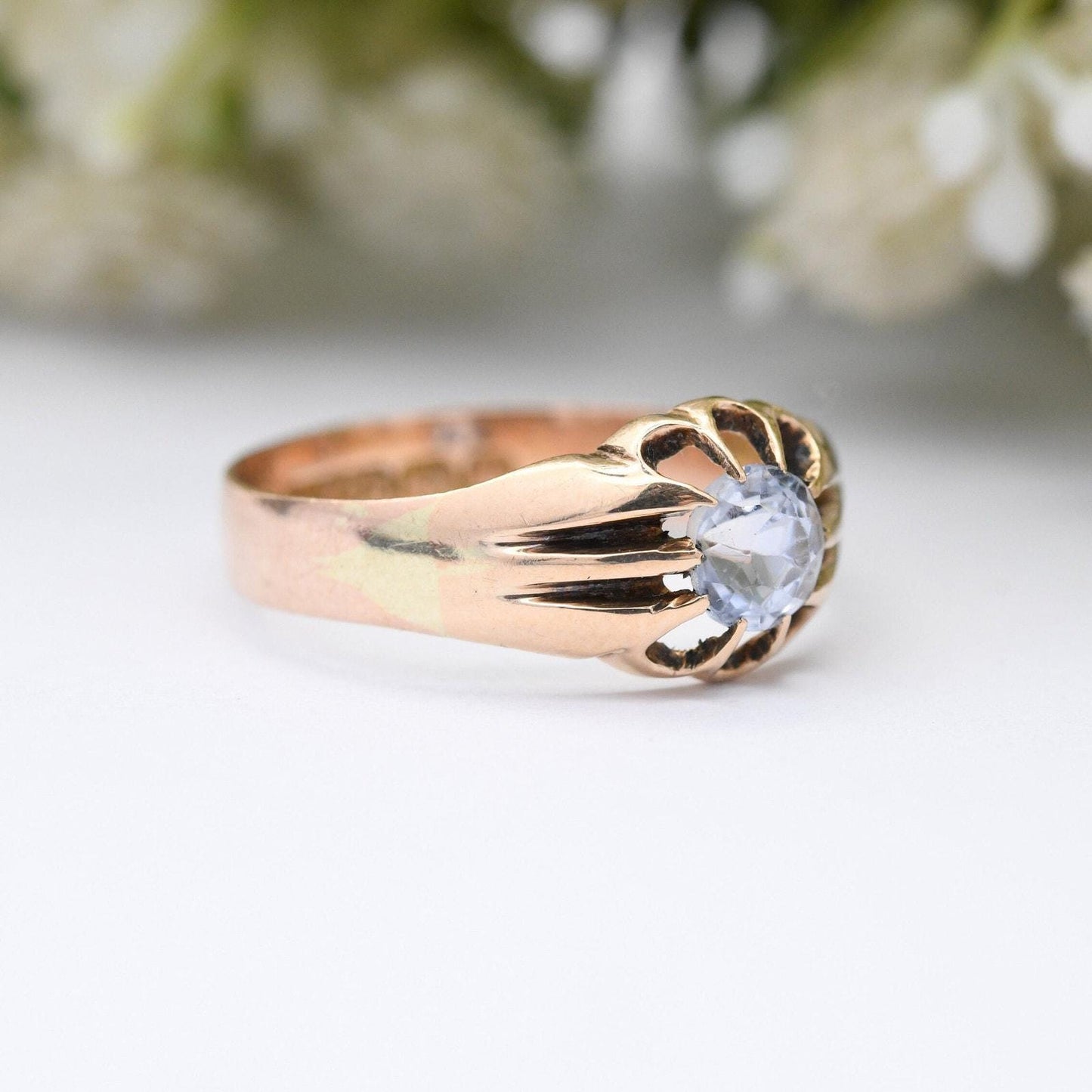 Antique Victorian 9ct Gold Solitaire Ring with Clear Paste Stone 1896 - Fancy Prong Setting | Large Stone | UK Size - P | US Size - 7 3/4