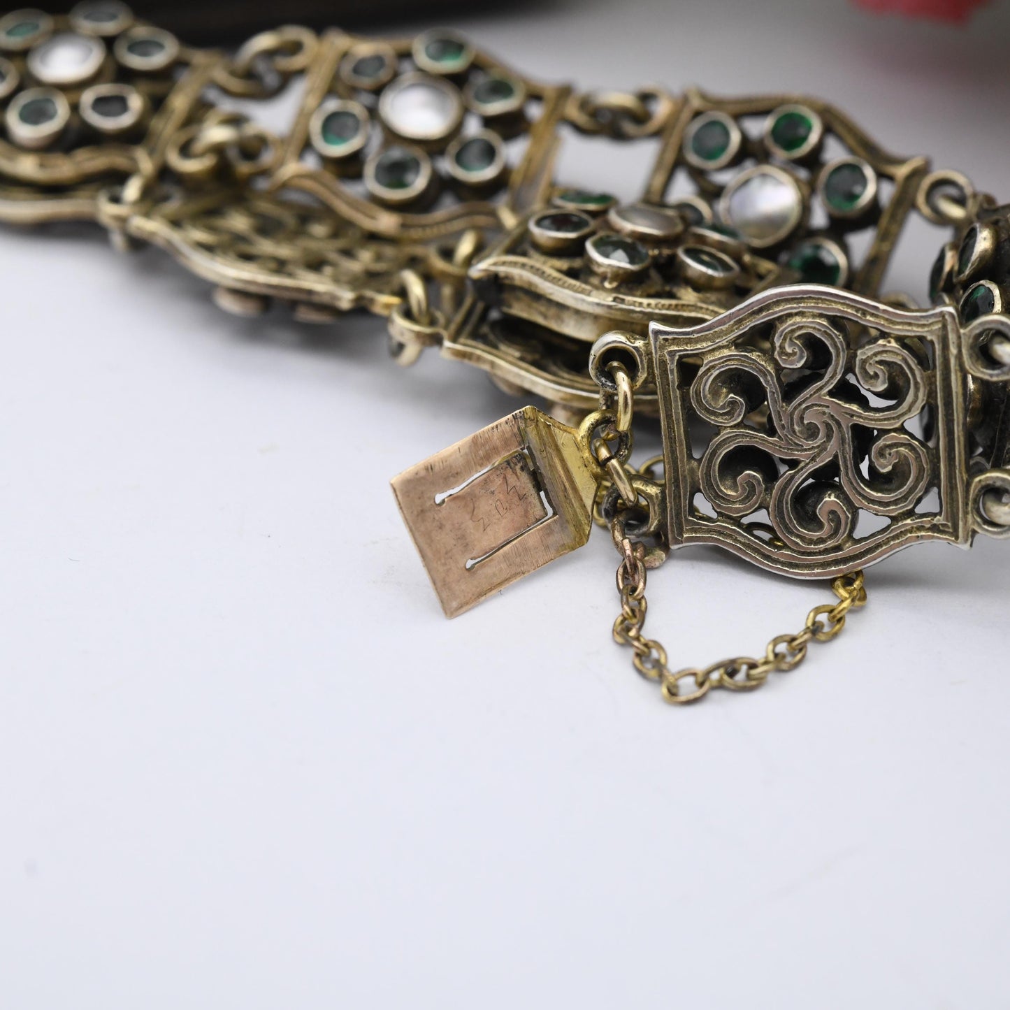 Antique Austro-Hungarian Silver Gilt Panel Bracelet with Green Stones and Blister Pearls c. 1900 - Length 7"