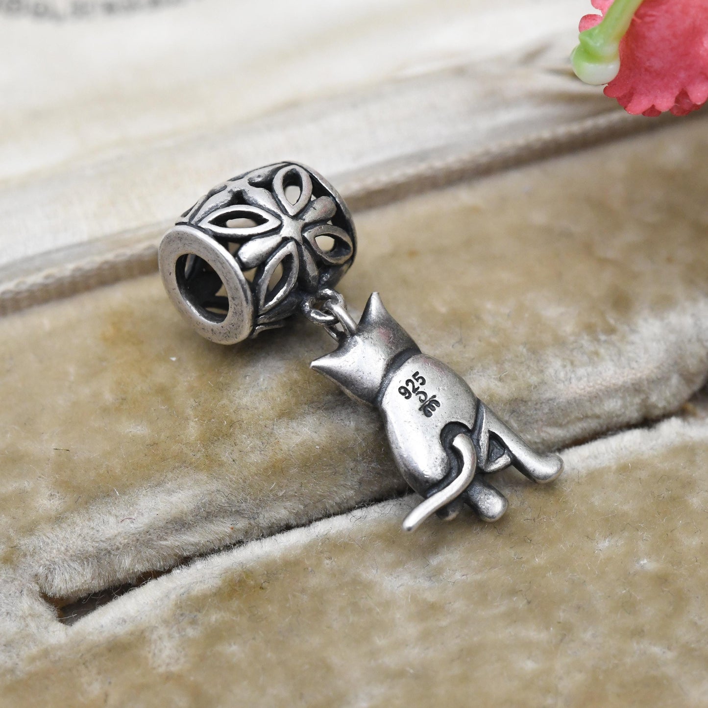Vintage Sterling Silver Cat Charm Pendant with Floral Openwork Bale - Animal | Cat Lover | Souvenir Gift for Charm Bracelet