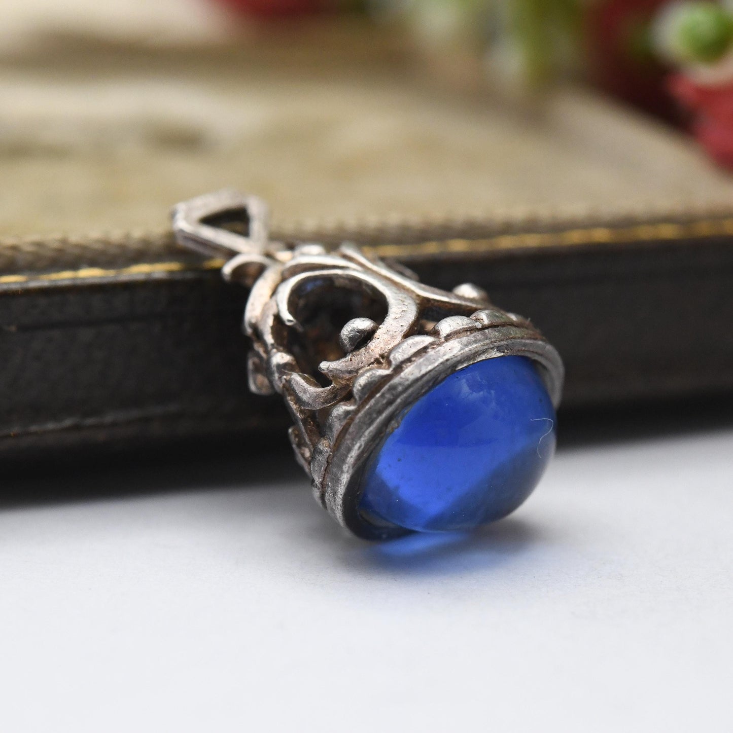 Vintage Sterling Silver Blue Stone Fob Charm Pendant - Antique Style | Souvenir Gift for Charm Bracelet