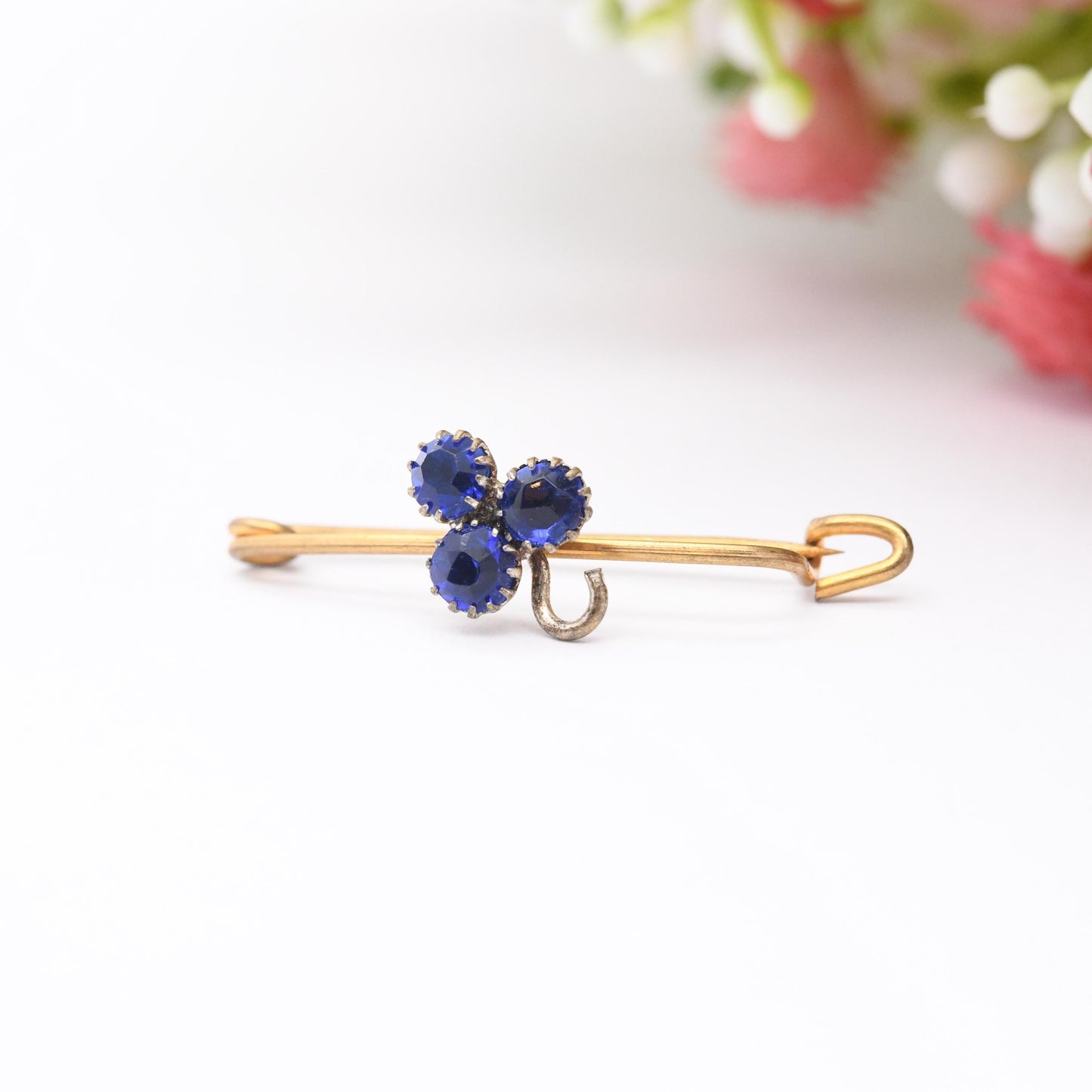 Antique Edwardian Clover Pin Bar Brooch with Three Blue Paste Stones - Gold Tone and Silver Tone