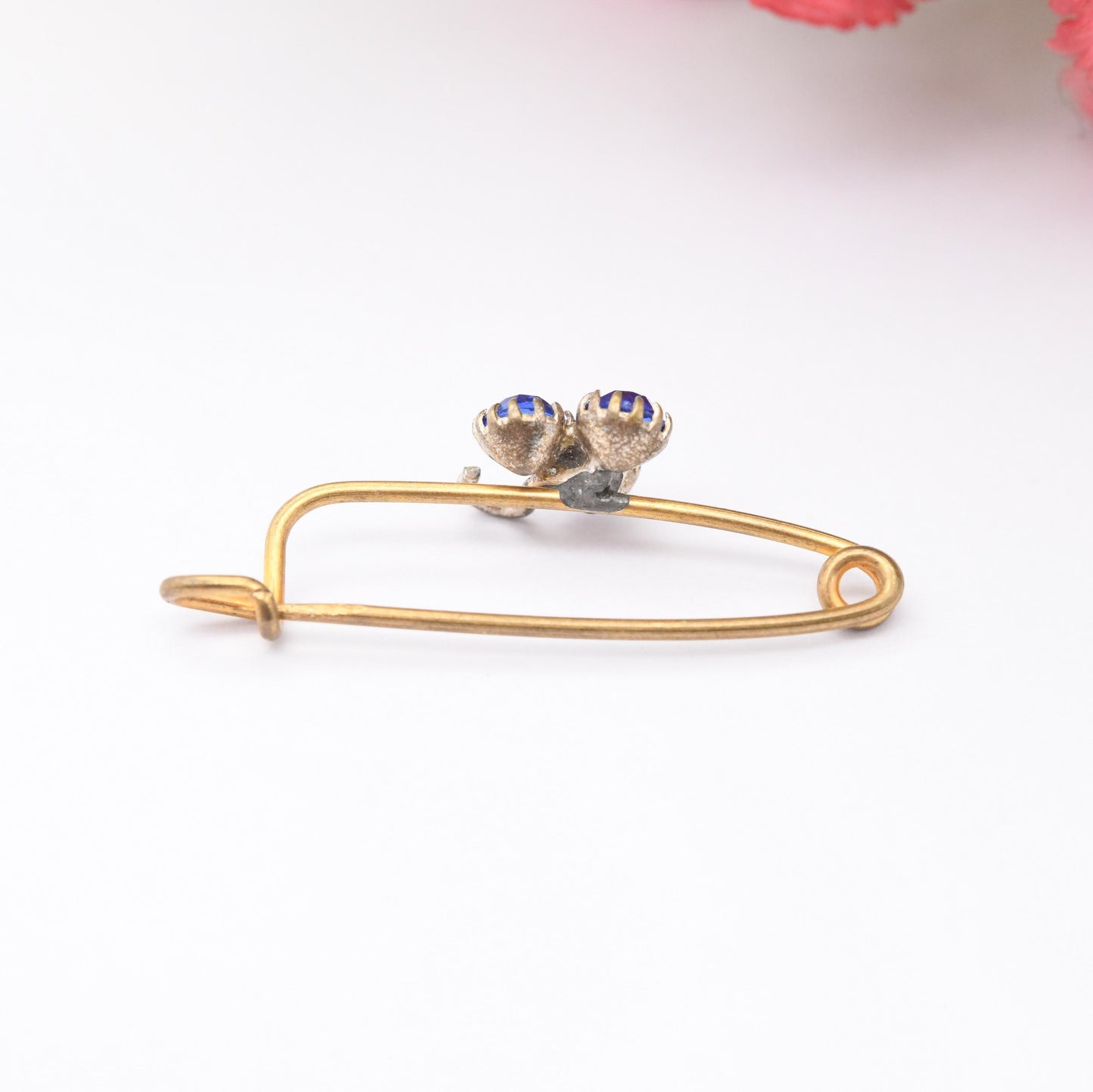 Antique Edwardian Clover Pin Bar Brooch with Three Blue Paste Stones - Gold Tone and Silver Tone