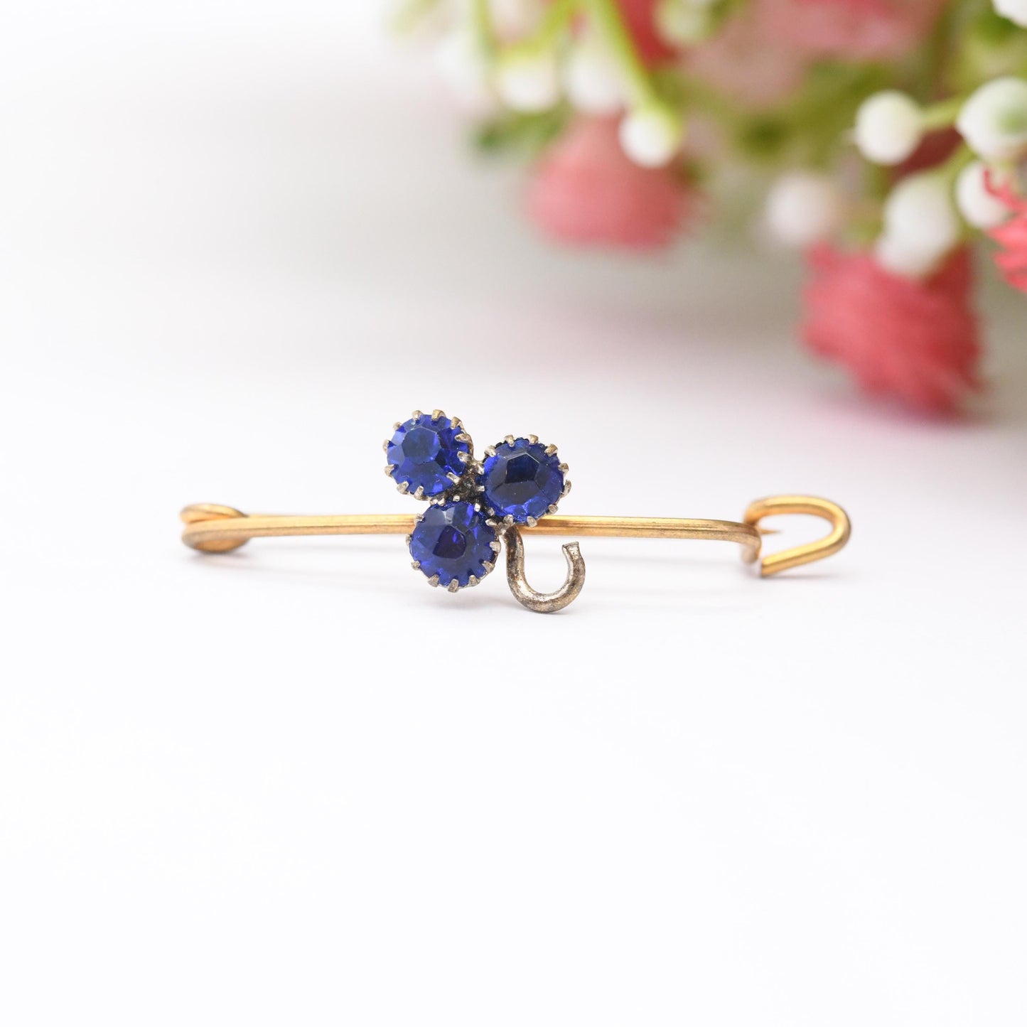 Antique Edwardian Clover Pin Bar Brooch with Three Blue Paste Stones - Gold Tone and Silver Tone