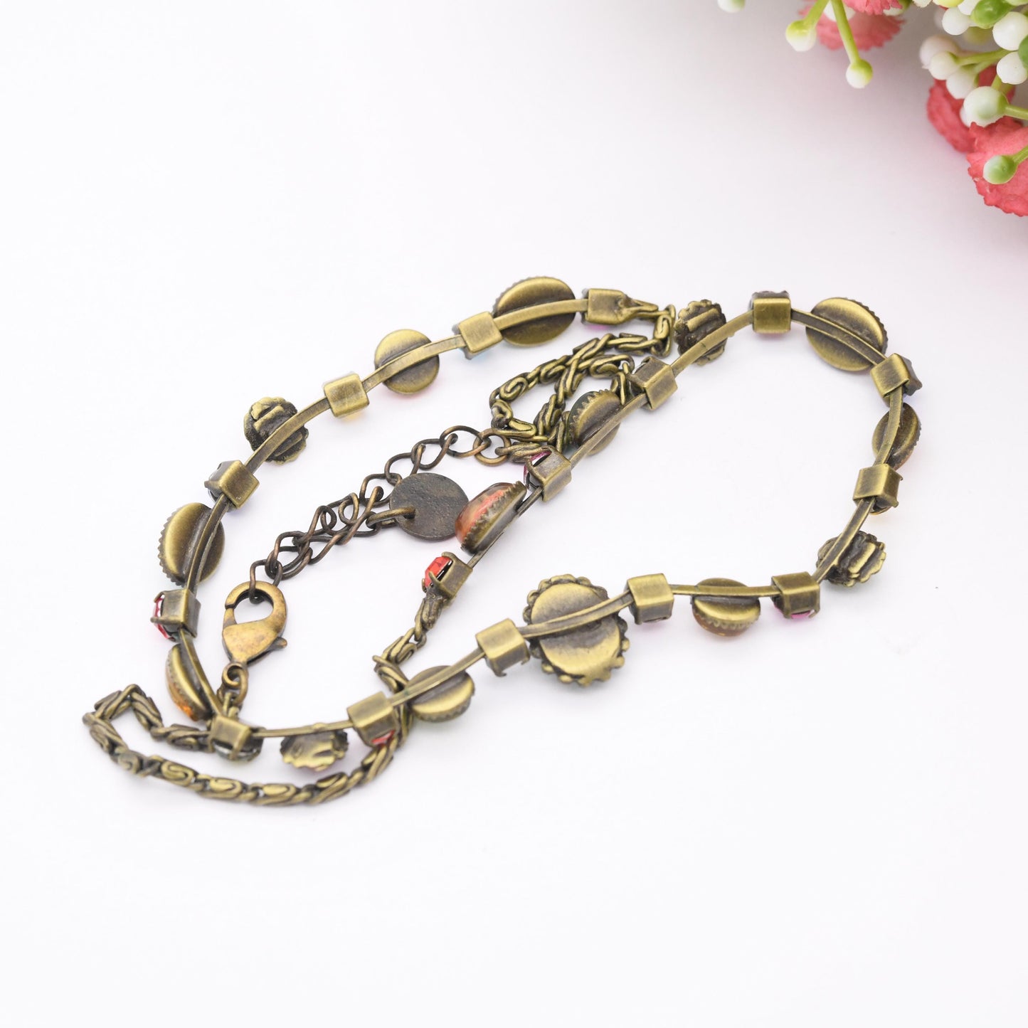 Vintage Butler and Wilson Necklace B&W Colourful Stones - Antiqued Brass Colour Rainbow Glitter | Branded Costume Jewellery