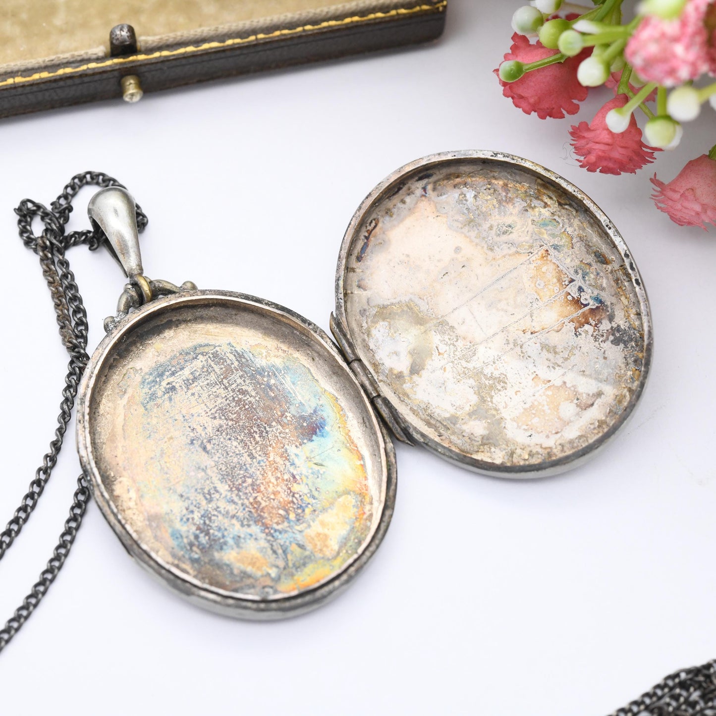 Antique Victorian Aesthetic Movement Locket on Sterling Silver Chain - Hand Engraved Scrolling Design Oval Pendant Necklace