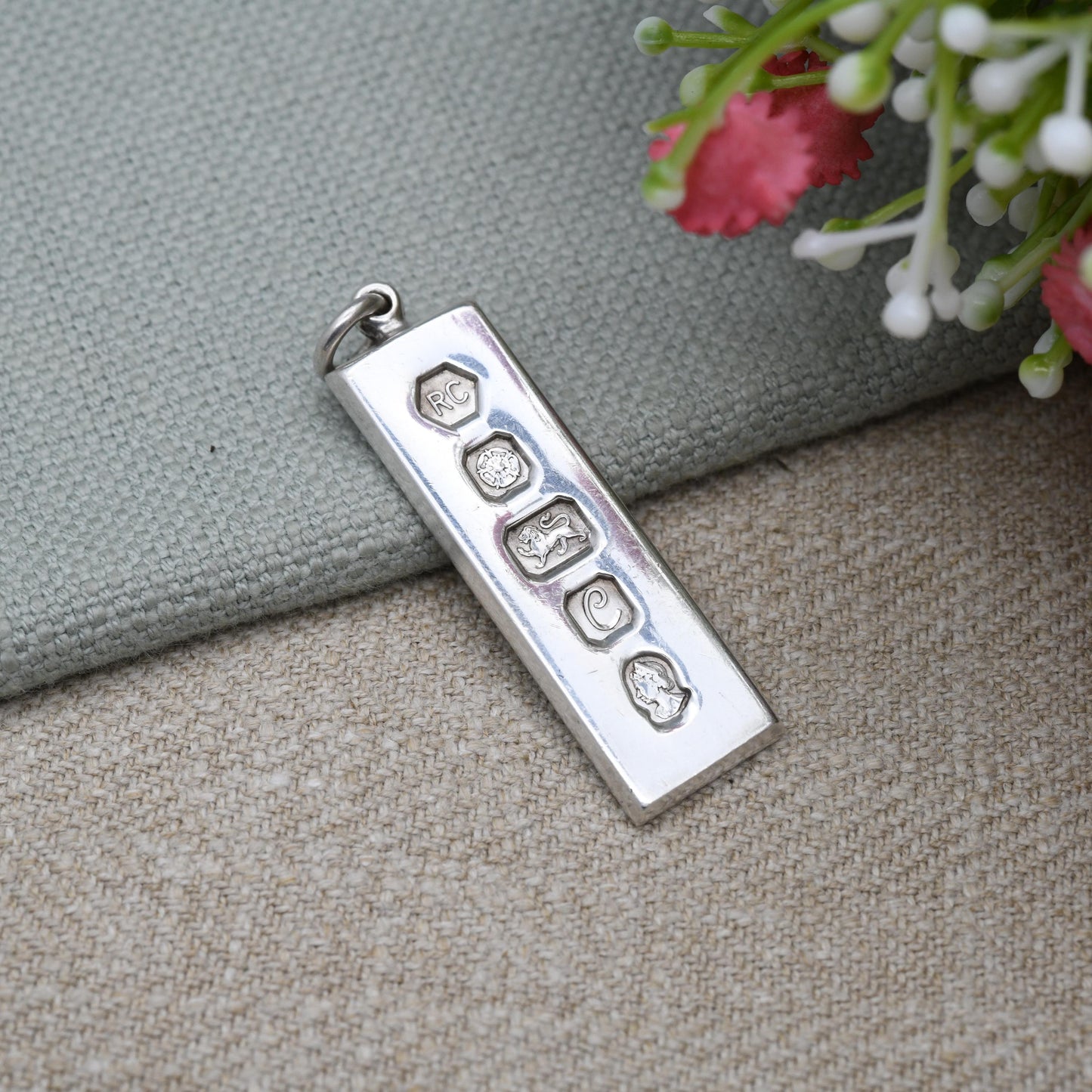 Vintage Sterling Silver Ingot Pendant 1977 Queen Elizabeth II Silver Jubilee Stamp - Hallmarked RC Carrs of Sheffield | Mid-Century Necklace