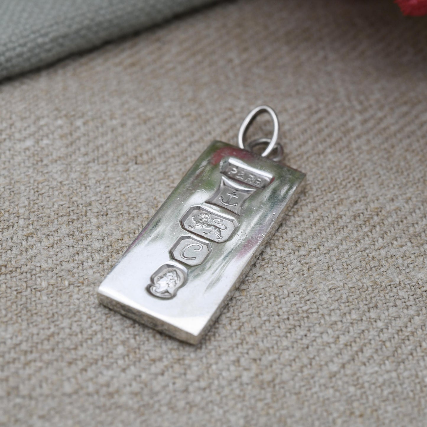 Vintage Sterling Silver Ingot Pendant 1977 Queen Elizabeth II Silver Jubilee Stamp - Hallmarked P&RB P R Bushell | Midcentury Necklace