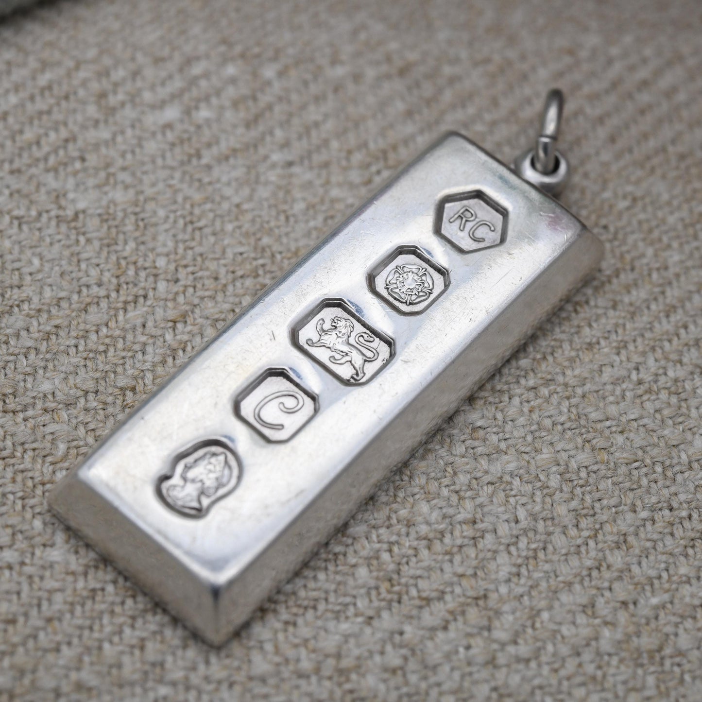 Vintage Sterling Silver Ingot Pendant 1977 Queen Elizabeth II Silver Jubilee Stamp - Hallmarked Carrs of Sheffield RC | Mid-Century Necklace