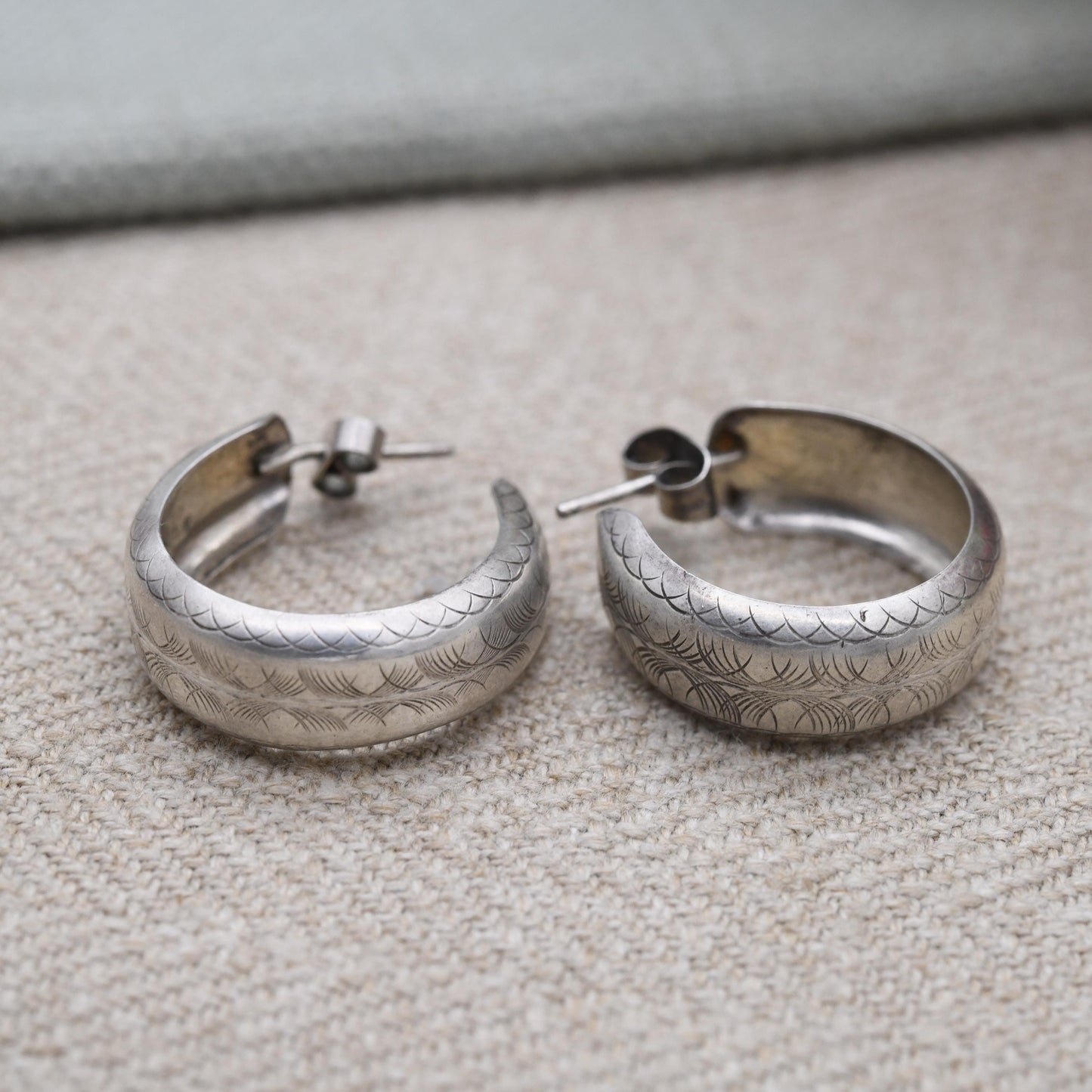 Vintage Sterling Silver C Hoop Earrings - Minimalist | Etched Geometric Pattern Design | Statement Jewellery