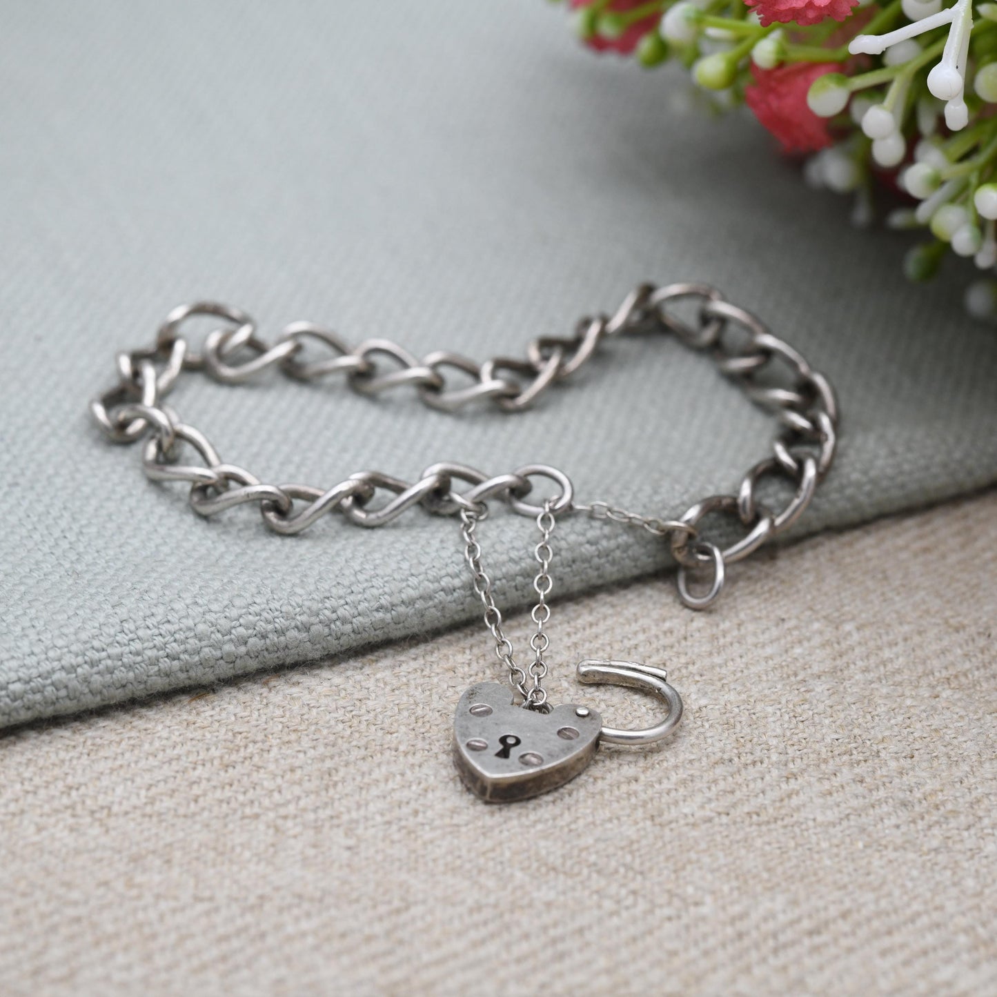 Vintage Sterling Silver Heart Padlock Clasp Chain Bracelet - Chunky Curb Links with Safety Chain