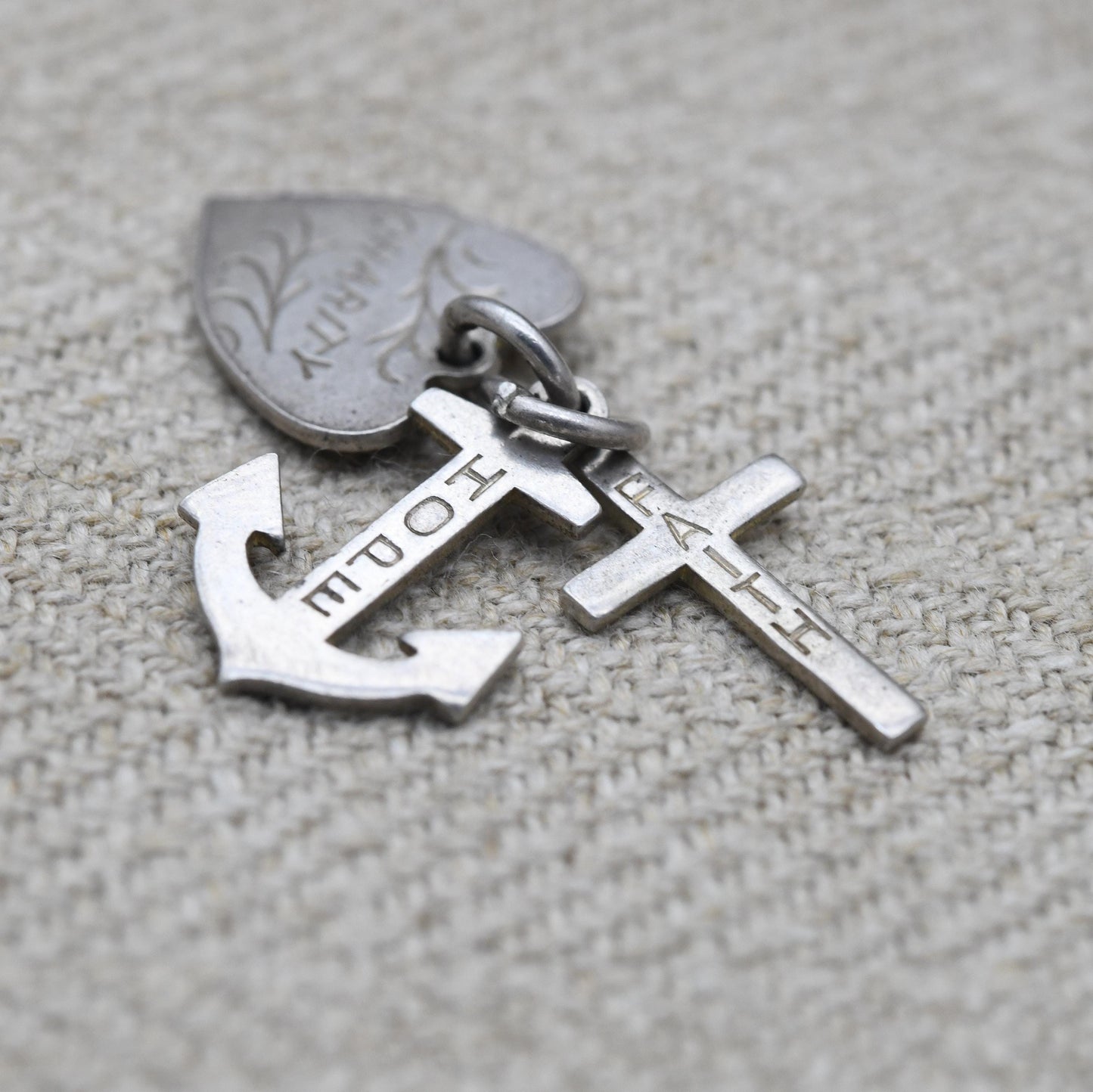 Vintage Silver Hope Faith Charity Charm Pendant - Heart Anchor Cross | Charm Bracelet Charm Necklace | Christian Pendant