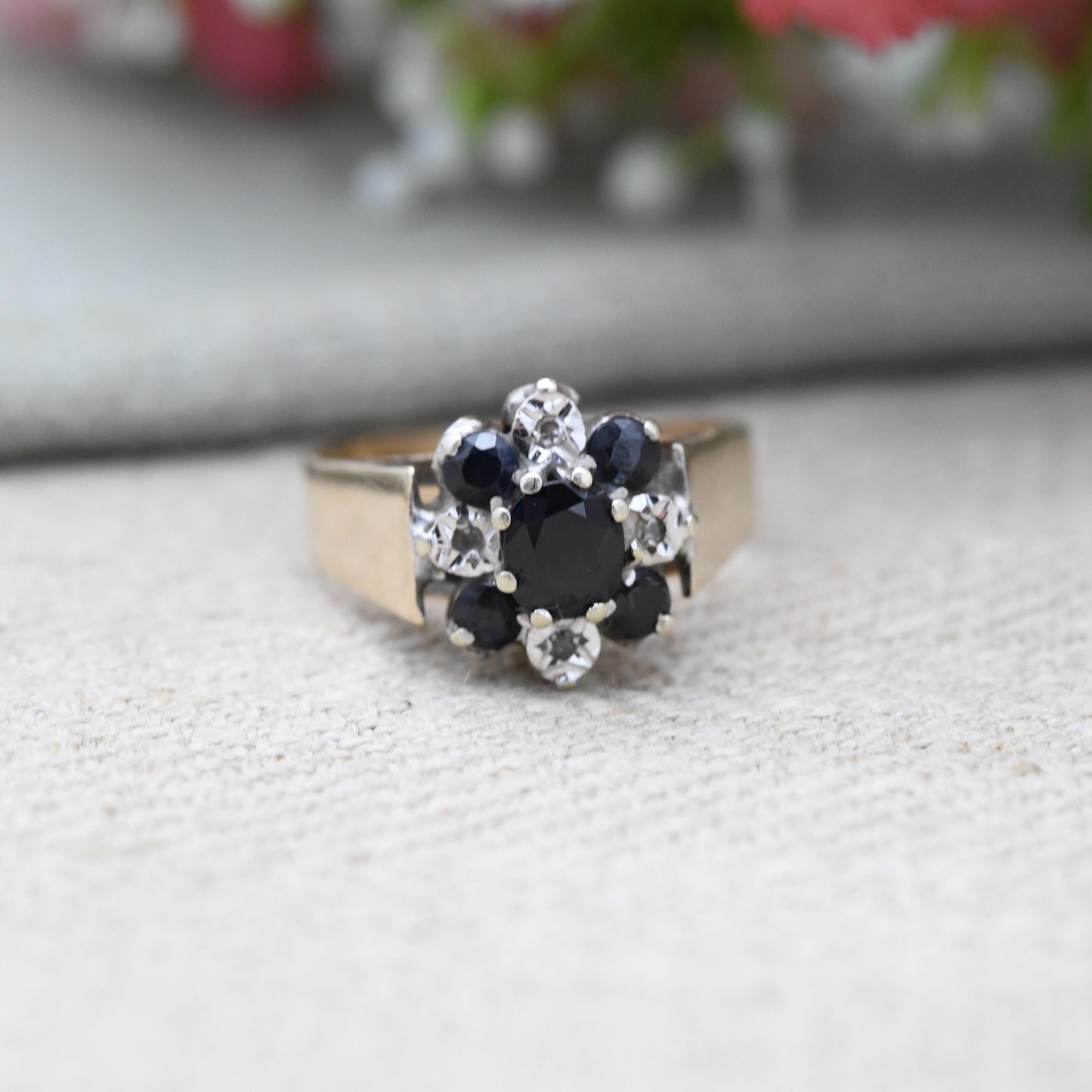 Vintage 9ct Gold Sapphire and Diamond Ring 1979 - Wide Band Deep Blue Floral Ring | Blue Stone Engagement | UK Size - P | US Size - 7 3/4