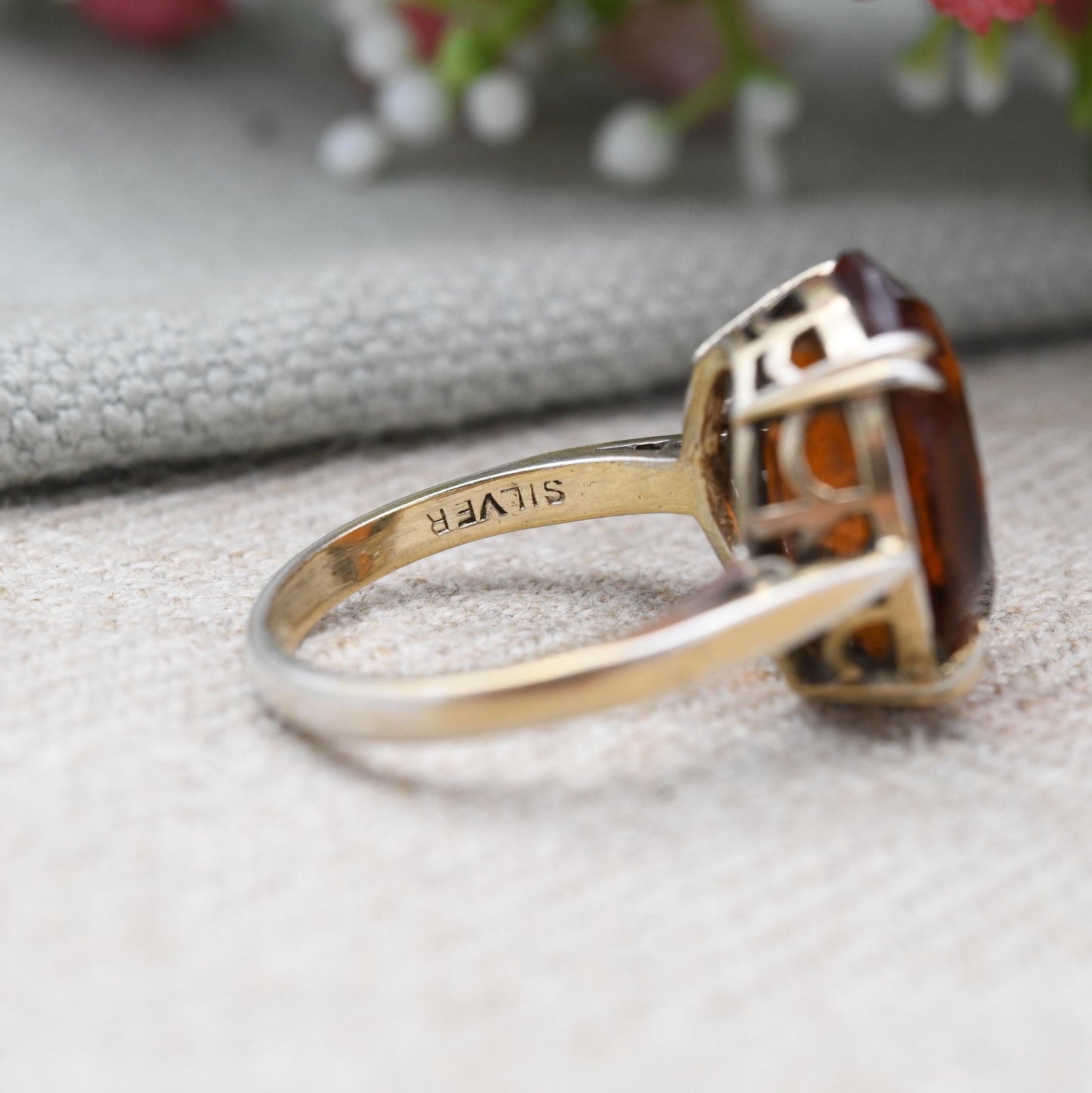 Vintage Gold Plated Sterling Silver Ring with Orange Stone - Midcentury Jewellery with Large Statement Stone | UK Size - Q | US Size - 8 1/4