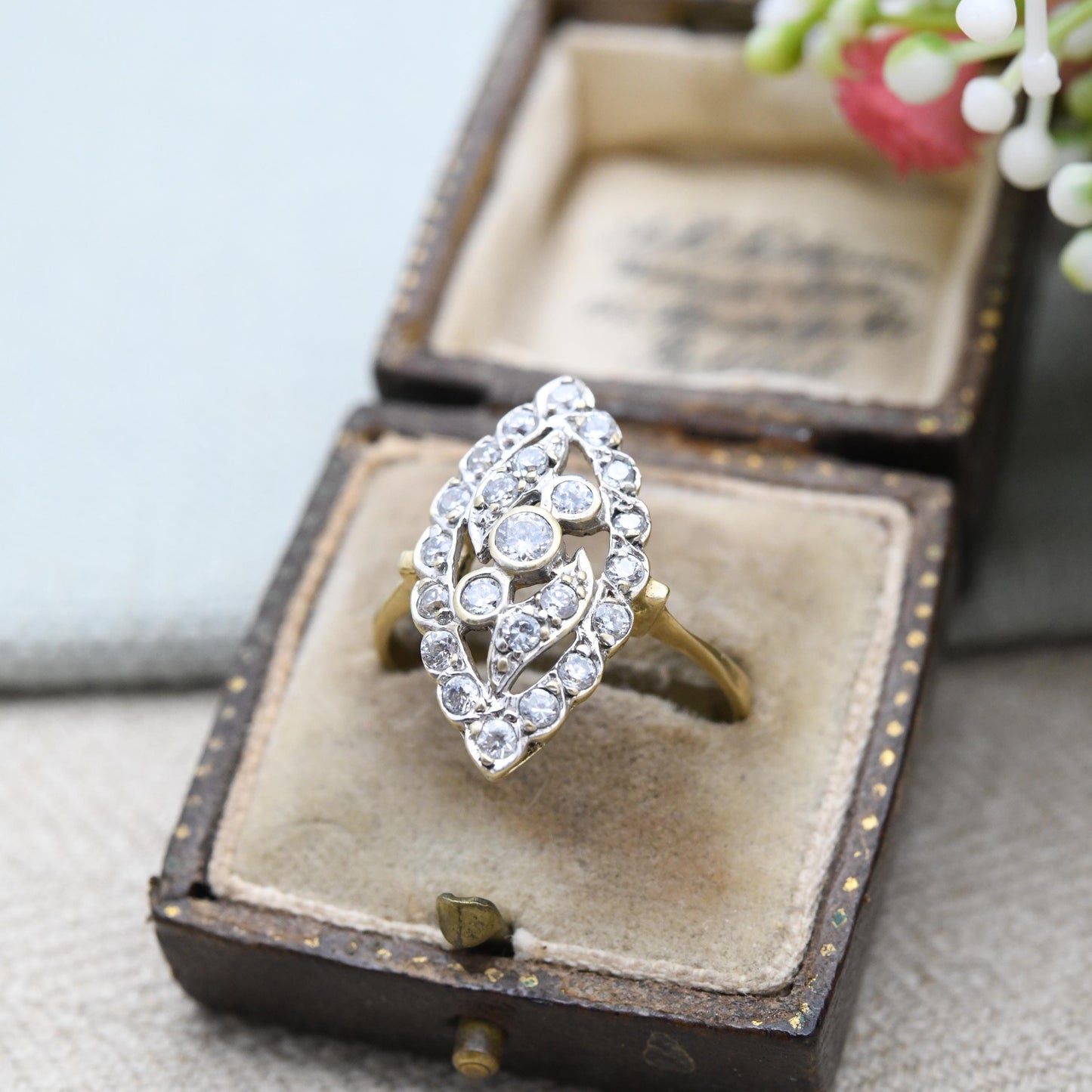 9ct Gold Statement Ring with Clear Stones 2003 - Sparkly Cocktail Ring Y2K Edwardian Style | UK Size - U | US Size - 10