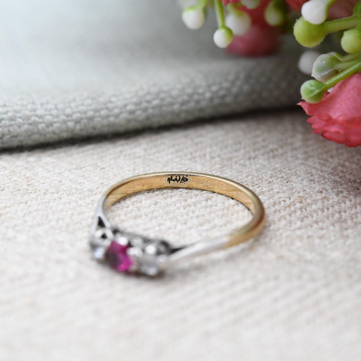 Vintage 9ct Gold Ruby Ring Three Stone with Clear Stones - 20th Century Gold Jewellery Gift for Her | UK Size - P | US Size - 8