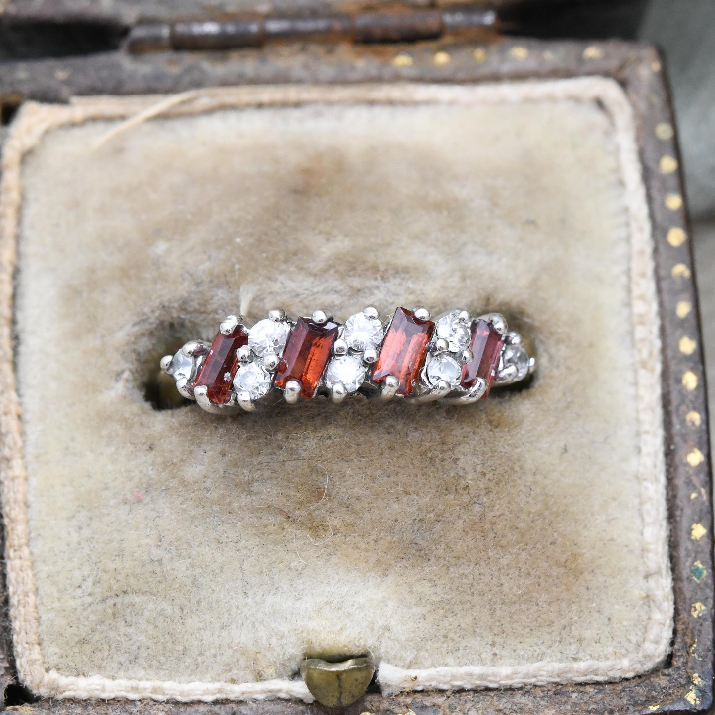 Vintage 9ct Gold Garnet Ring 1989 - Baguette Cut Red Gemstone Half Hoop Ring Stack | UK Size - M | US Size - 6