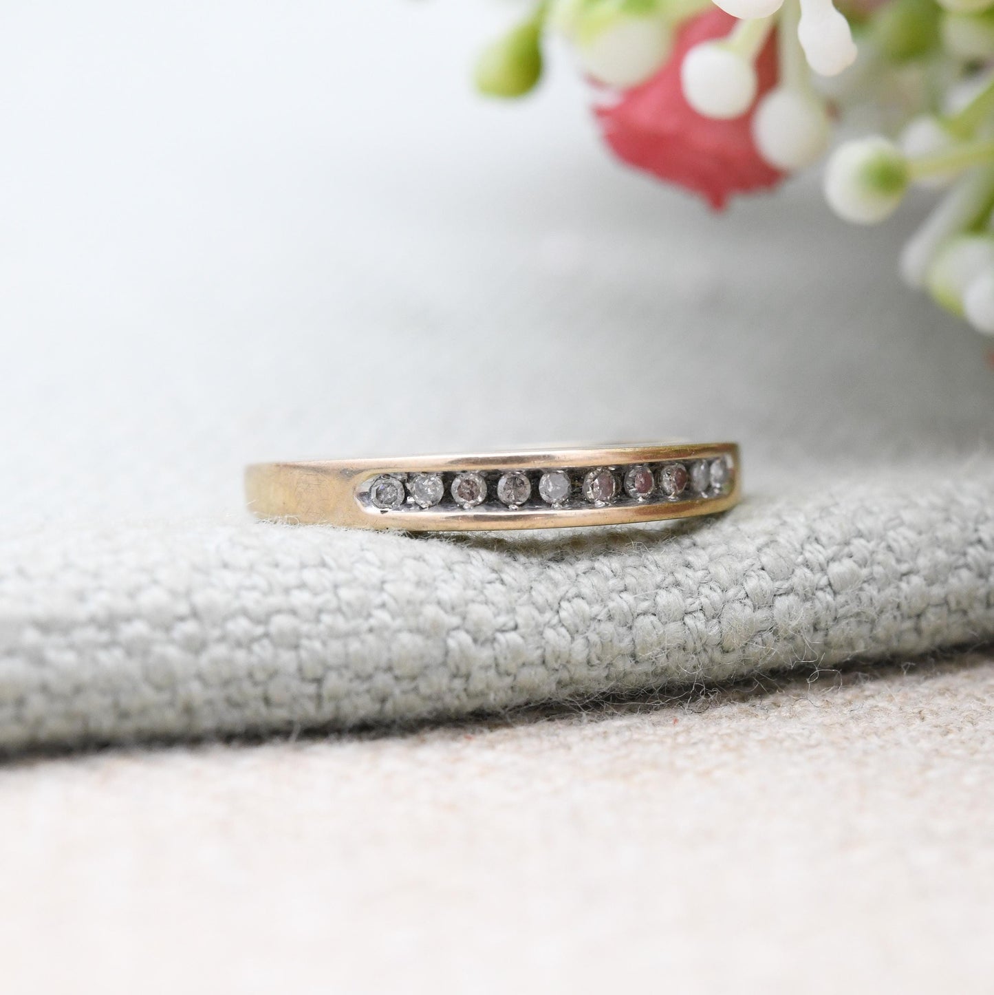 Vintage 9ct Gold and Diamond Half Eternity Ring .10 Carats 10 Points - Flush Stones Half Hoop Diamond Stack | UK Size - L | US Size - 5 3/4